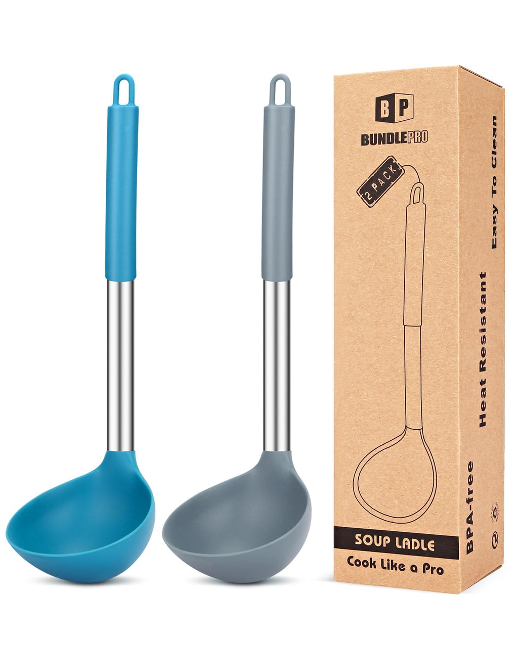 Ladle Spoon Set of 2 Silicone Large Spoon for Soup Non Stick Kitchen Utensils with High Heat Resistant BPA Free Perfect Kitchen Tools for Cooking Stirring Serving Soups (Gray-Blue)