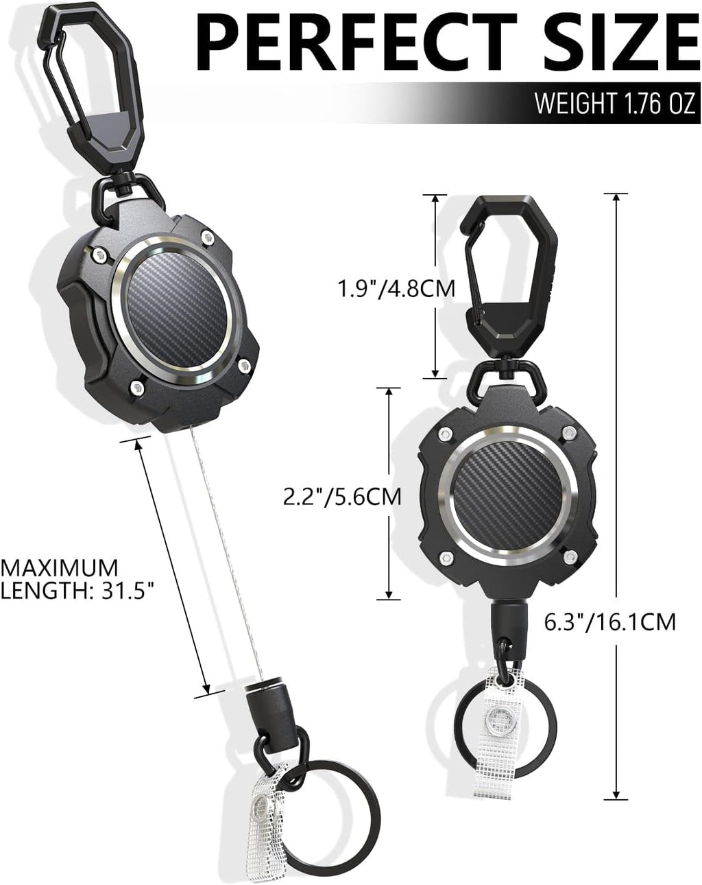LIUGX 2 Pack Retractable Keychain, Heavy Duty Carabiner Key Chains, 10,000+ Rebound, Impact Resistance ID Badge Reels with 31.5” Wire Rope and Key Ring, Up to 8oz, Aluminum Ring, Carbon Fiber-Texture