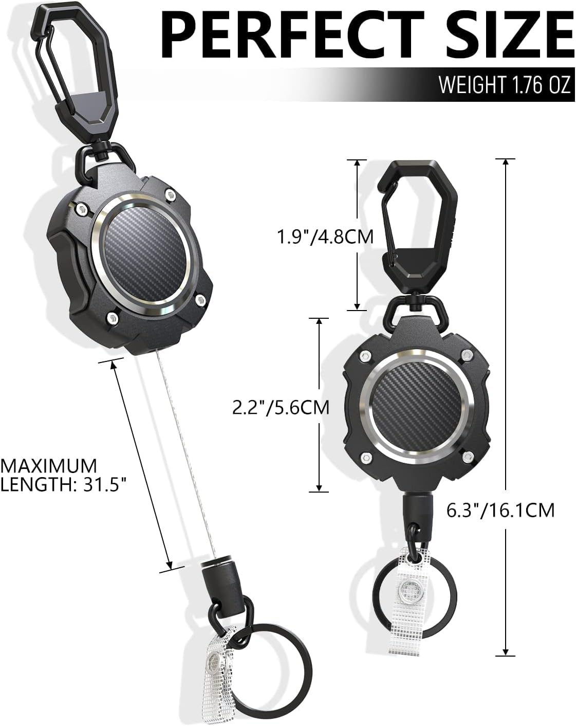 LIUGX 2 Pack Retractable Keychain, Heavy Duty Carabiner Key Chains, 10,000+ Rebound, Impact Resistance ID Badge Reels with 31.5” Wire Rope and Key Ring, Up to 8oz, Aluminum Ring, Carbon Fiber-Texture