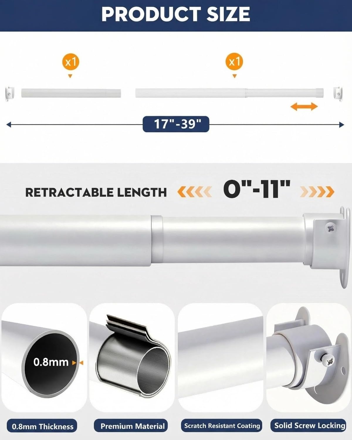 ASULUPHY Heavy Duty Closet Rod, 17-39 in Adjustable Closet Bar For Hanging Clothes, Telescopic Metal Closet Pole, Ideal for Laundry, Wardrobe, RV, Cloakroom, Bathroom-White