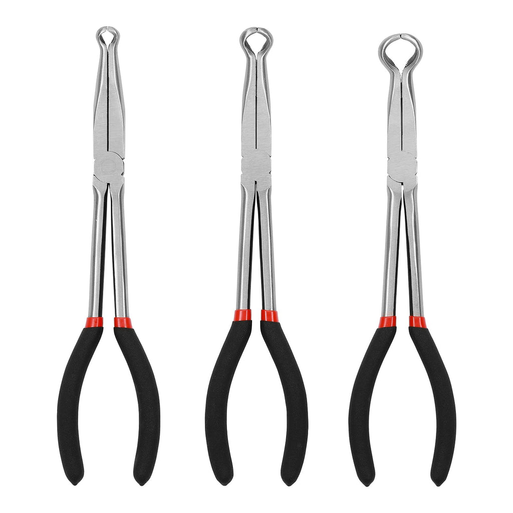 Mayouko 3PCS 11" Long Reach Hose Grip Pliers Set, 5/16 Inch, 1/2 Inch, 3/4 Inch Ring Nose Hose Gripper Pliers Kit, Carbon Steel Offset Spark Plug Boot Removal Pliers for Narrow Space