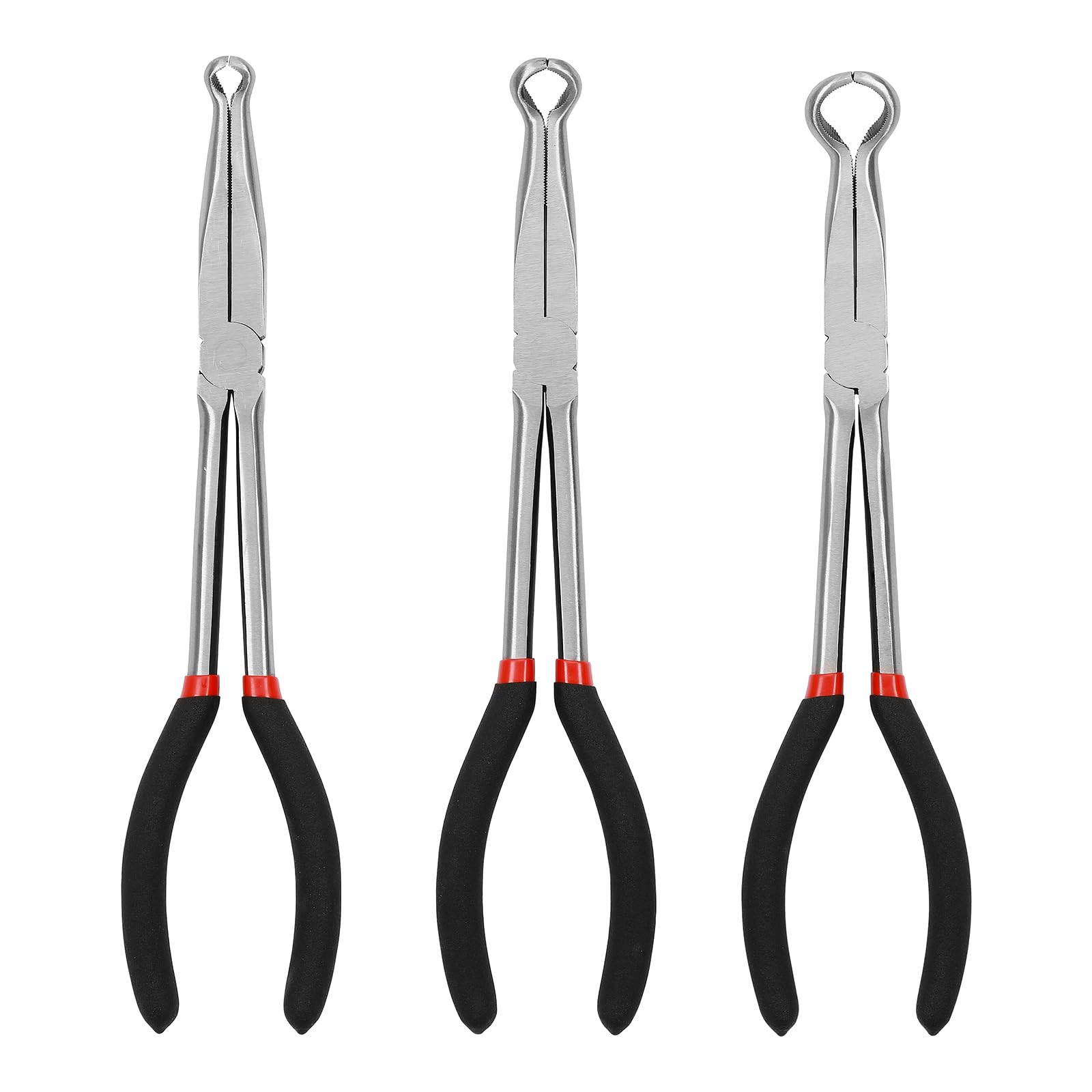 Mayouko 3PCS 11" Long Reach Hose Grip Pliers Set, 5/16 Inch, 1/2 Inch, 3/4 Inch Ring Nose Hose Gripper Pliers Kit, Carbon Steel Offset Spark Plug Boot Removal Pliers for Narrow Space