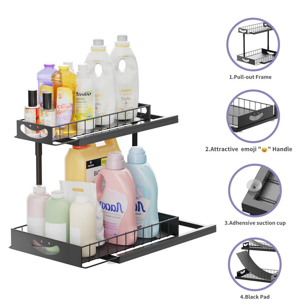 JAQ Under Sink Organizer, 2 Tier Metal Slide Out Under Cabinet Storage Shelves Rack for Kitchen Bathroom Pantry Lanudry, Attractive Emoji Smile Handle (Black, 1 Pack)
