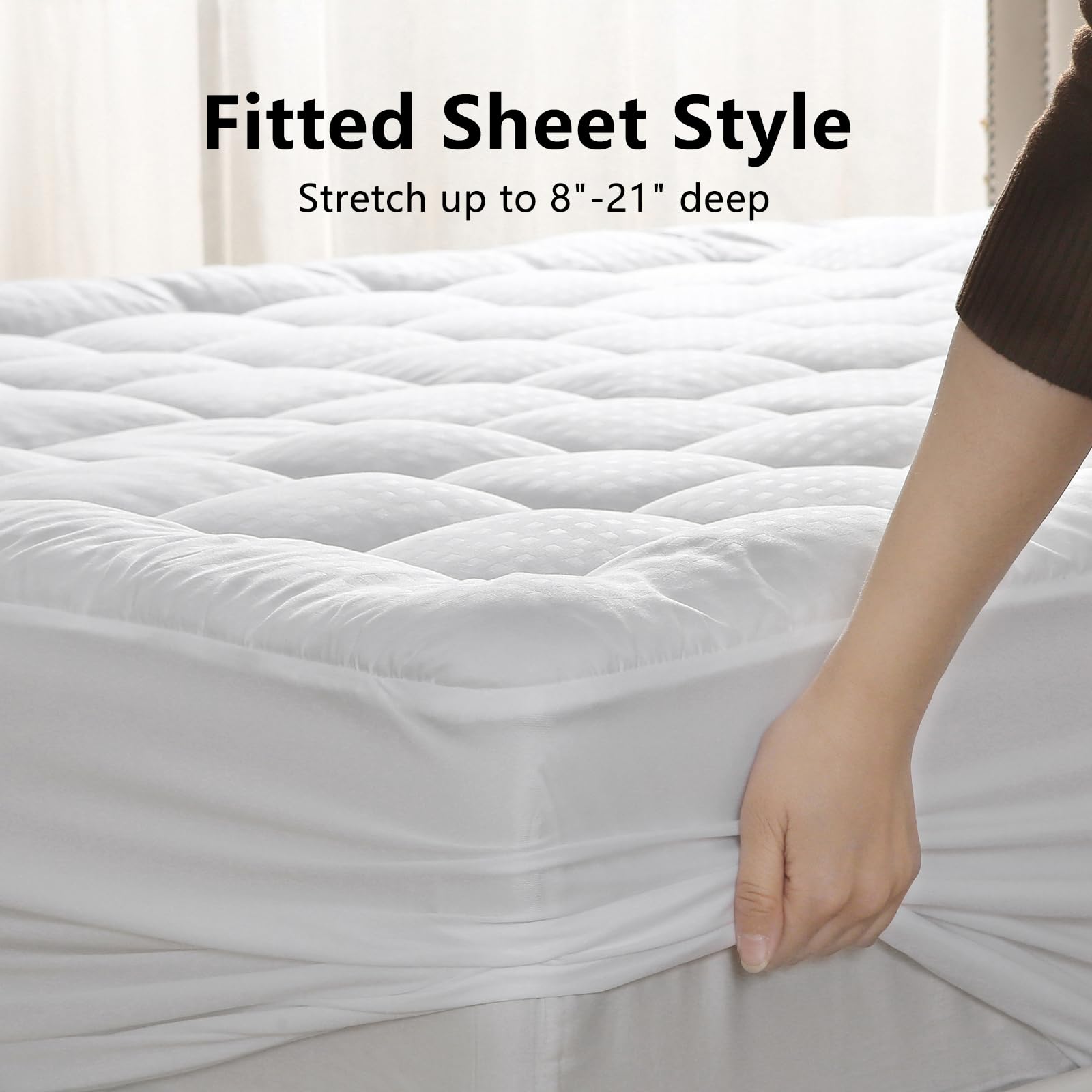 BETENWEL Queen Size Mattress Pad Pillow Top Mattress Cover with Down Alternative Fill- Breathable Mattress Topper Deep Pocket Fits Mattress 8-21 Inches Soft Mattress Protector (60 x 80 Inch, White)