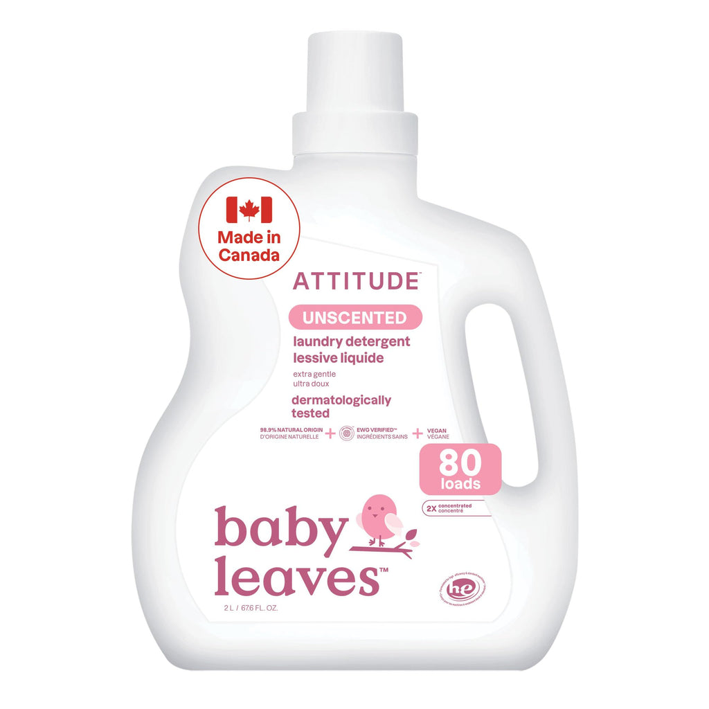 ATTITUDE Baby Laundry Detergent Liquid, Made in Canada, EWG Verified, Safe for Baby Clothes, Infant and Newborn, Vegan and Naturally Derived Washing Soap, HE Compatible, Unscented, 80 Loads, 2 Liters