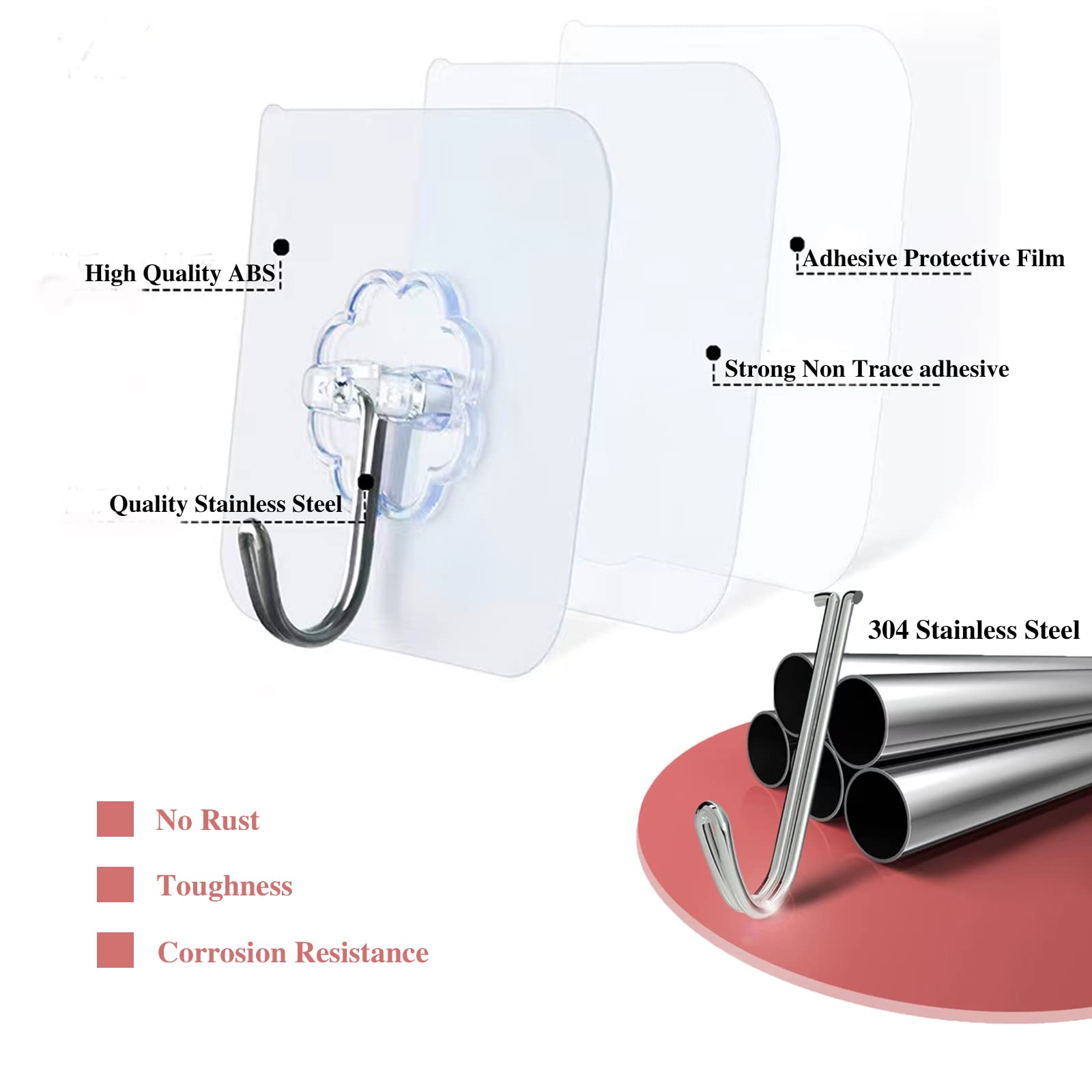 DDMY Adhesive Hooks Kitchen Wall Hooks- 50 Packs Heavy Duty 33lb(Max) Nail Free Sticky Hangers with Stainless Hooks Reusable Utility Towel Bath Ceiling Hooks
