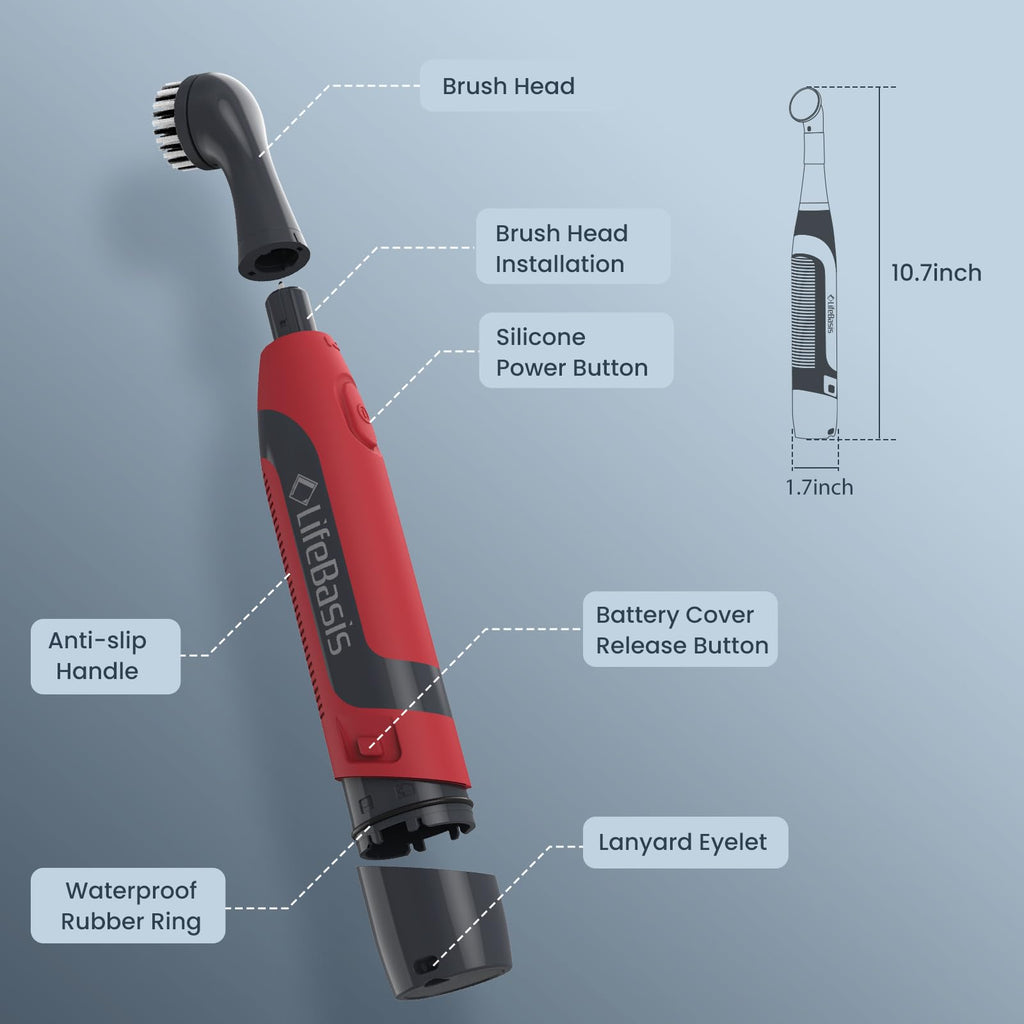 LifeBasis Power Scrubber, Cordless Electric Cleaning Brush Battery Powered Scrub Brush, Water Resistant Small Electric Grout Brush with 5 Brushes for Home/Kitchen/Bathroom/Grout/Tile/Shower/Tub, Red