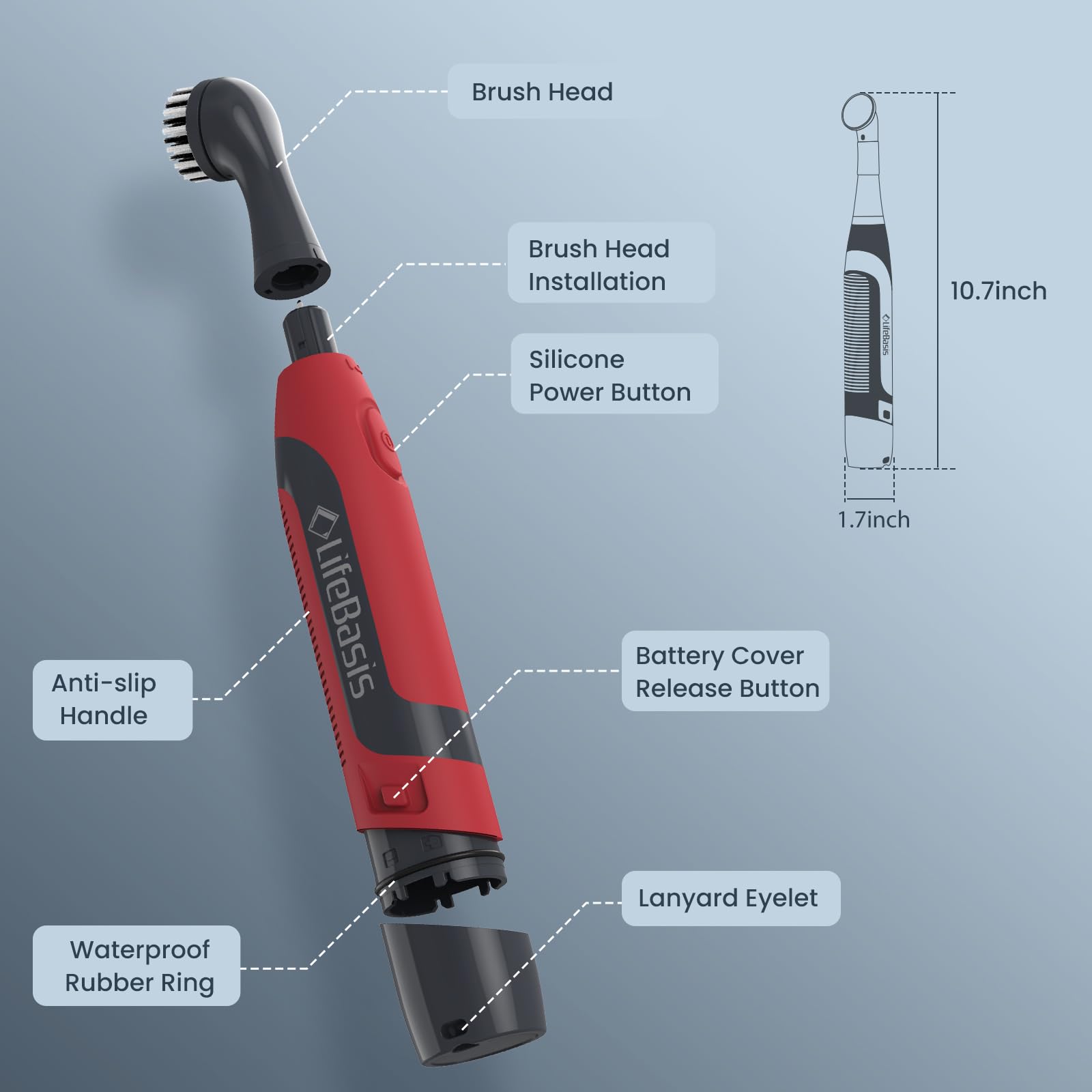 LifeBasis Power Scrubber, Cordless Electric Cleaning Brush Battery Powered Scrub Brush, Water Resistant Small Electric Grout Brush with 5 Brushes for Home/Kitchen/Bathroom/Grout/Tile/Shower/Tub, Red
