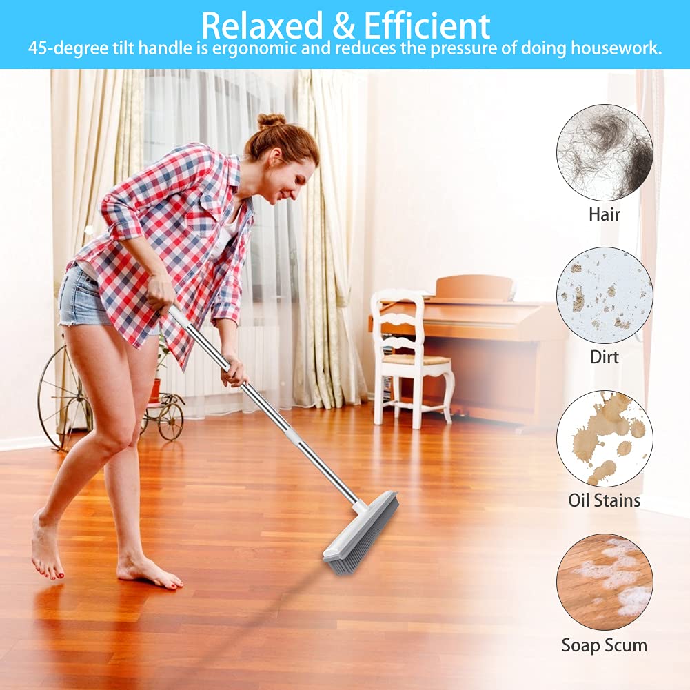 Push Broom Pet Hair Removal Broom with Squeegee, Soft Silicone Bristle Broom with 47" Adjustable Long Handle, Non Scratch Carpet Sweeper Brush for Cat/Dog Hair Hardwood Tile Windows
