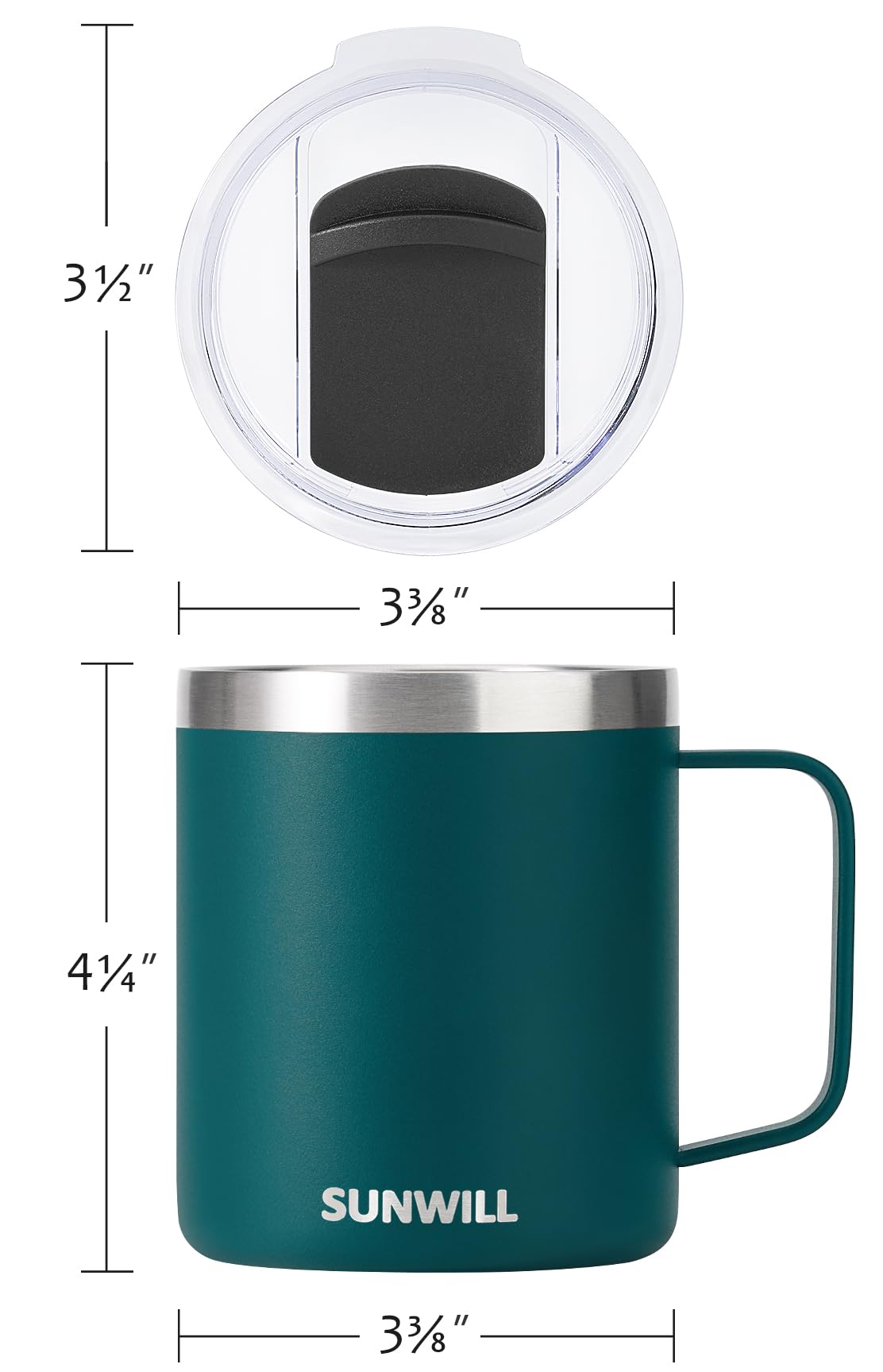 SUNWILL Insulated Coffee Mug with Lid, Travel Tumbler with Handle, 14 oz Stainless Steel Cup for Camping, Office, Home, Powder Coated Deep Green