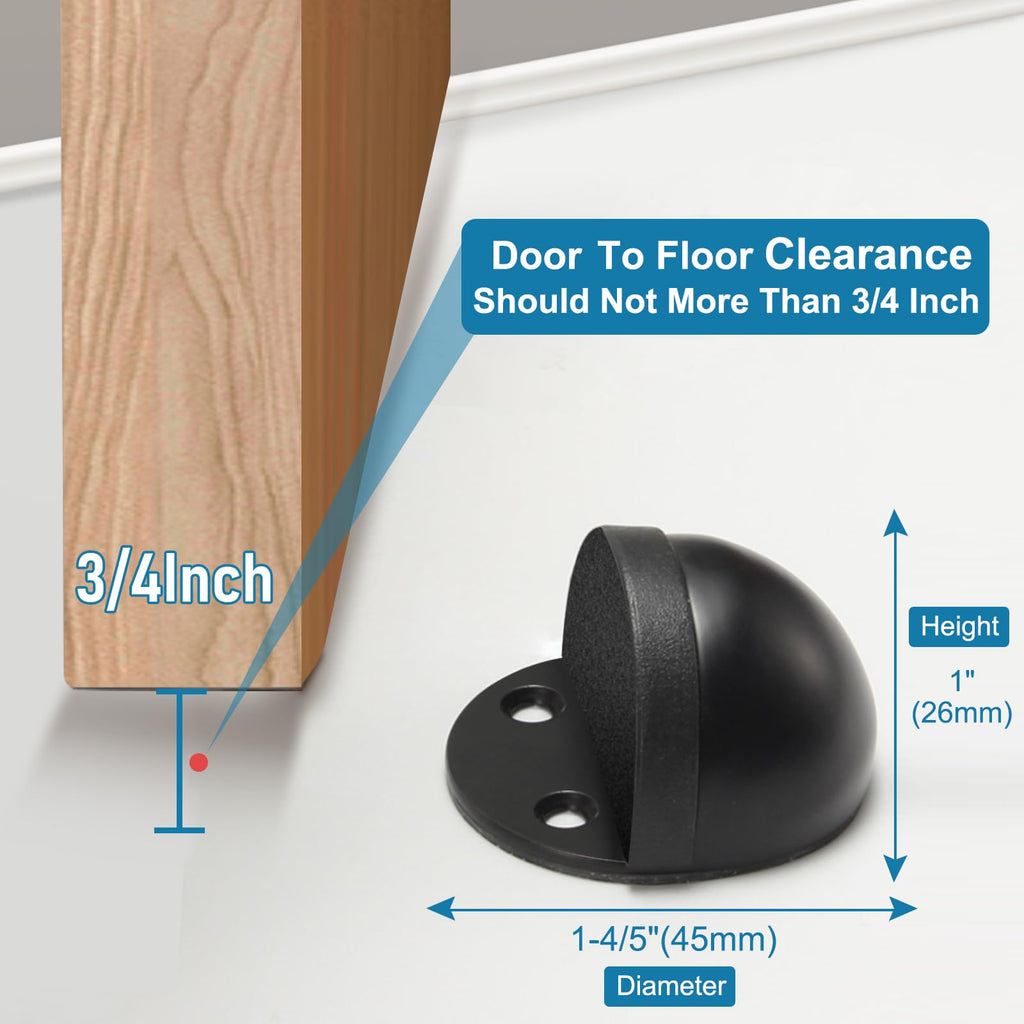6 Pack Door Stoppers Self Adhesive Floor Door Stop No Drill Black Rubber Bumper Doorstop Wall Protector, Stainless Steel Dome Shaped