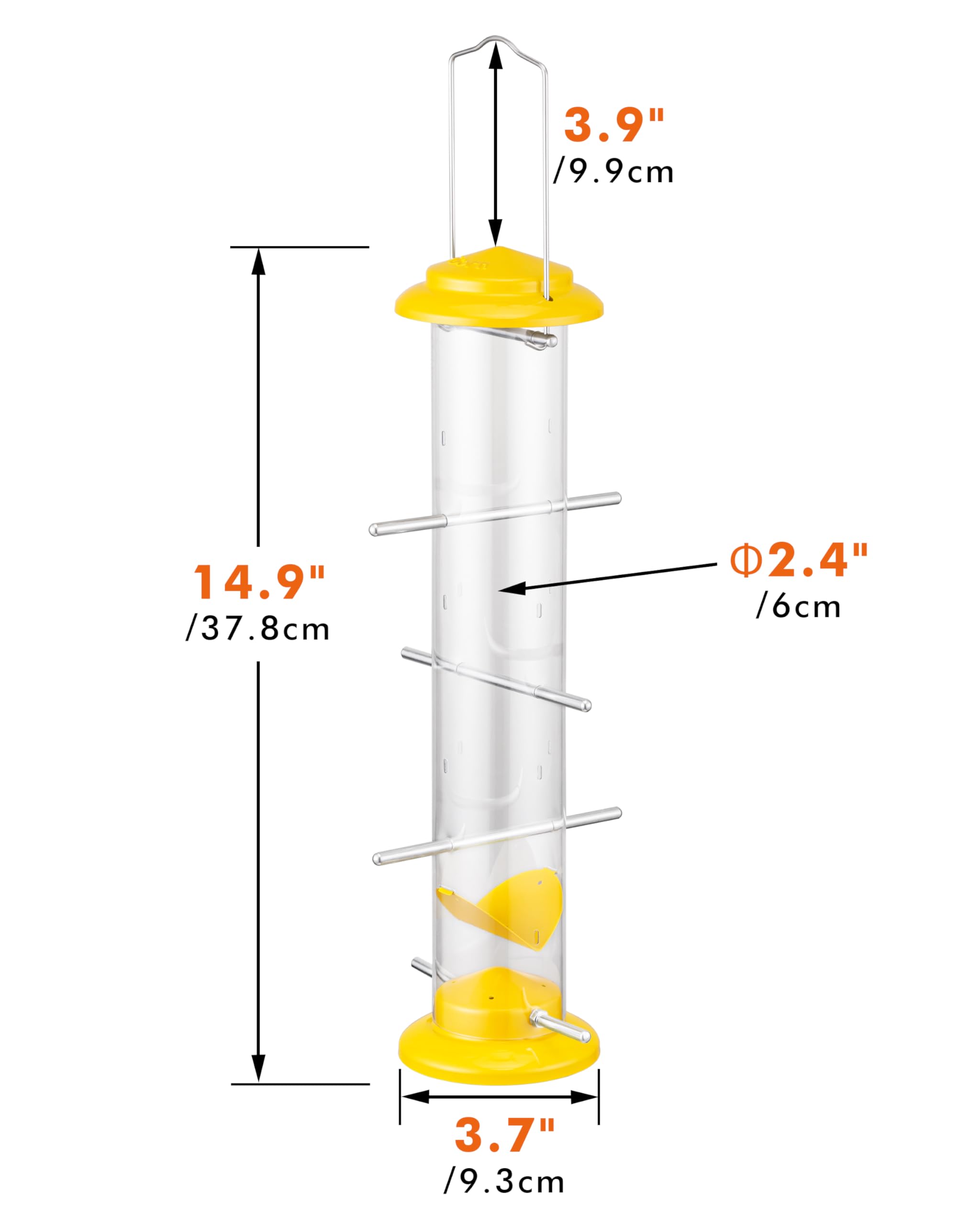 iBorn Nyjer & Thistle Bird Feeder for Outdoors Hanging，Finch Feeders for Outside，Metal Tube Bird Feeder 14 Inch with 12 Small Ports,8 Metal Perches,Yellow