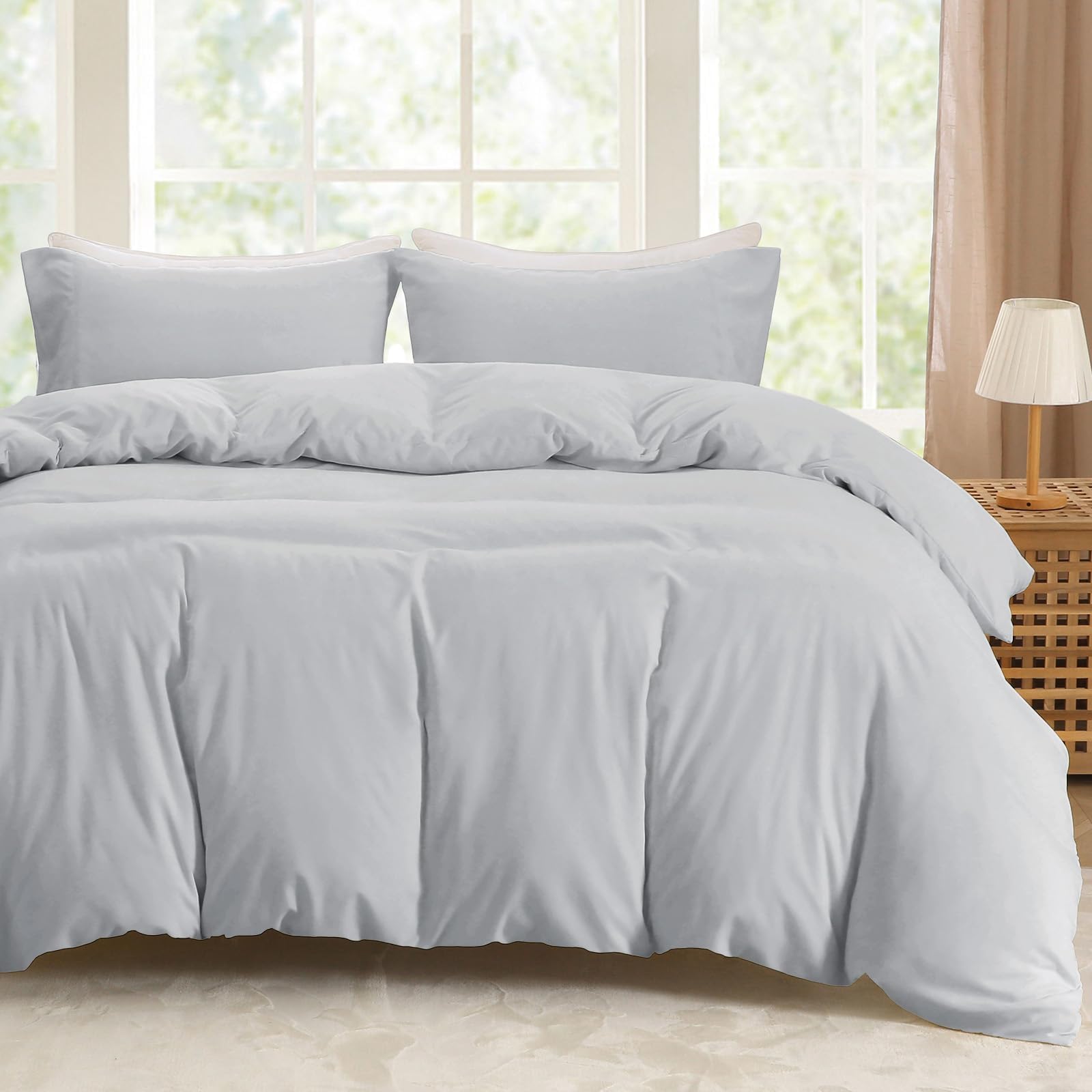 Sasttie Duvet Cover Queen, 3-Piece Ultra Soft Double Brushed Bedding Sets for All Season Use, Includes 1 Duvet Cover 90x90 Inches, 2 Envelope Pillowcases 20x30 Inches, Light Grey
