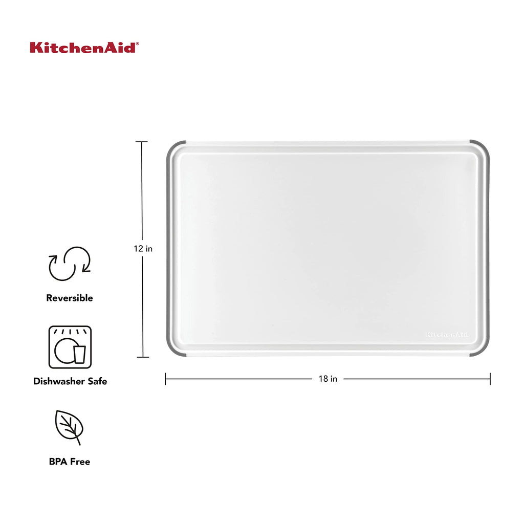 KitchenAid Classic Plastic Cutting Board with Perimeter Trench and Non Slip Edges, Dishwasher Safe, 12 inch x 18 inch, White and Gray