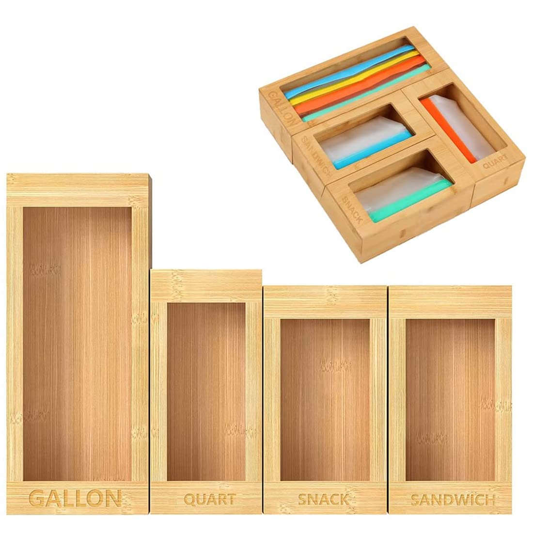 KLDFJ Zip-Lock Bag Storage Organizer, Kitchen Bamboo Zip-Lock Bag Organizer for Drawer Food Storage Bag Organizer, Compatible with Gallon, Quart, Sandwich and Snack B ZJM-01