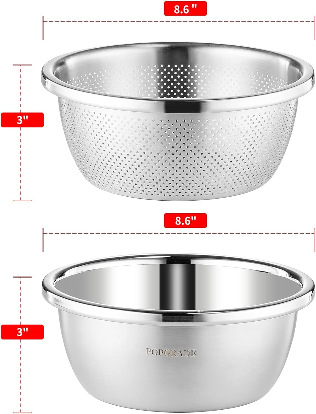 POPGRADE 304 Stainless Steel Colander Rice Washing Bowl Set, 2-QT Colanders & Food Strainers, Rice Strainer Washer Fruit Cleaner Bowl, Vegetable Fruit Washing Colander with Salad Mixing Bowl (2pcs)