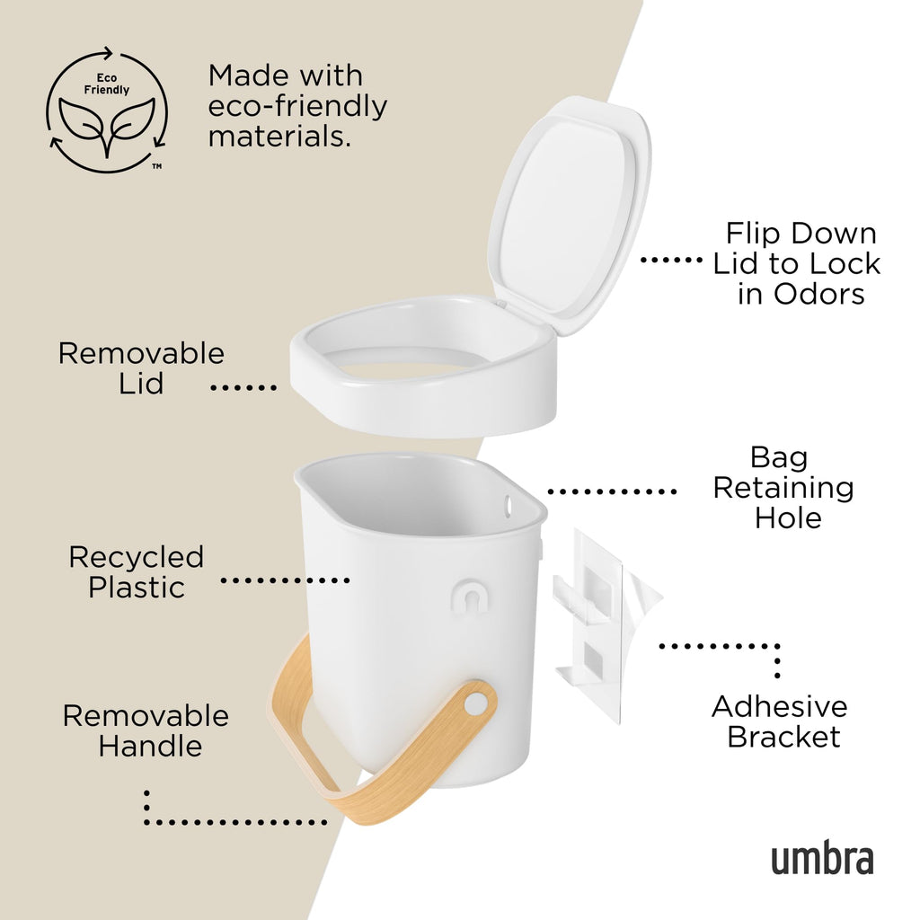 Umbra Bellwood Kitchen Compost Bin – White/Natural, Countertop or Cabinet Mounted, 6L Compost Container with Hidden Bag Retainer, BPA-Free & Dishwasher Safe| Bellwood Collection