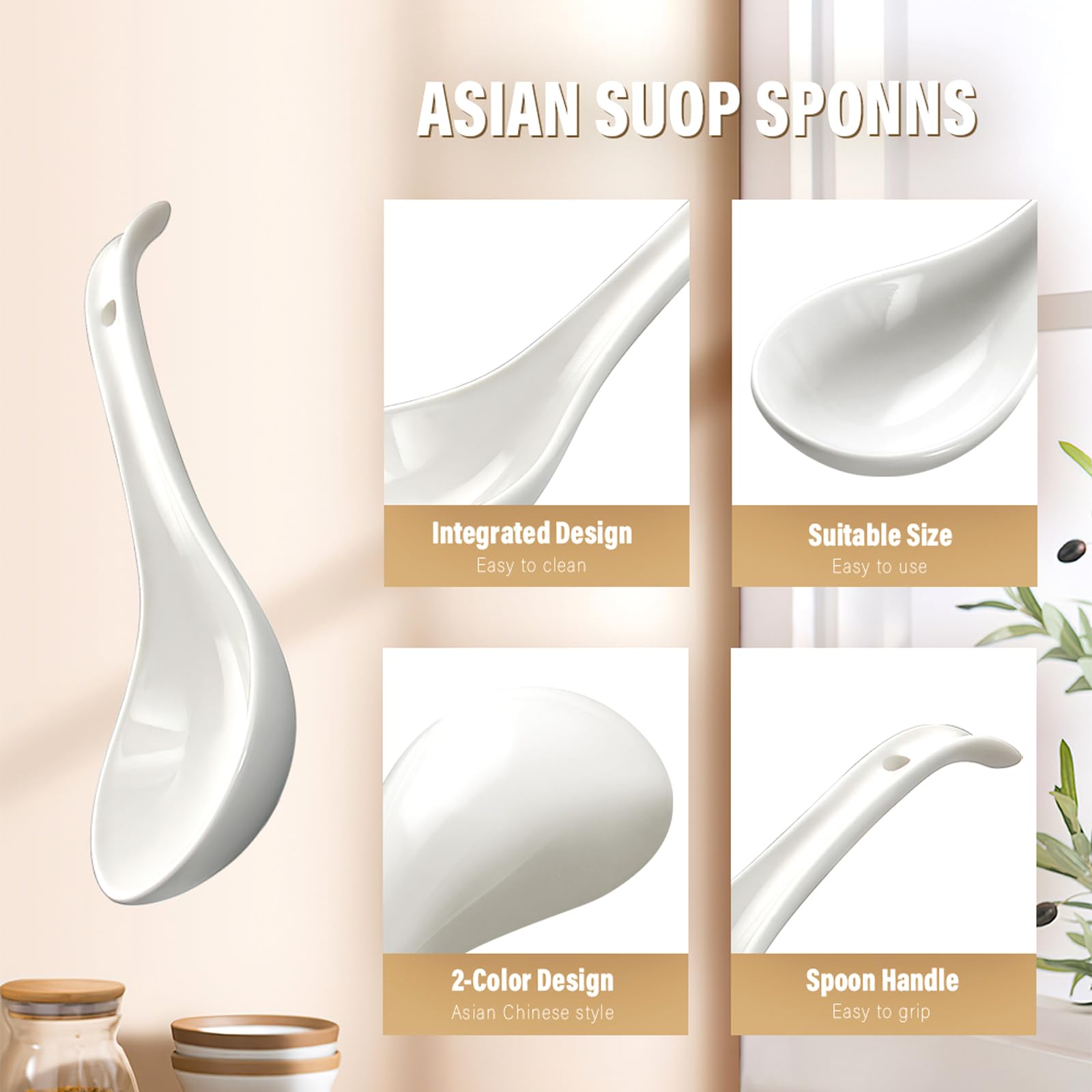 IQCWOOD White Asian Soup Spoons Set of 6, 6.75 inch Porcelain Spoon, Japanese Soup Spoons for Cereal Ramen- Deep Oval Hook Design