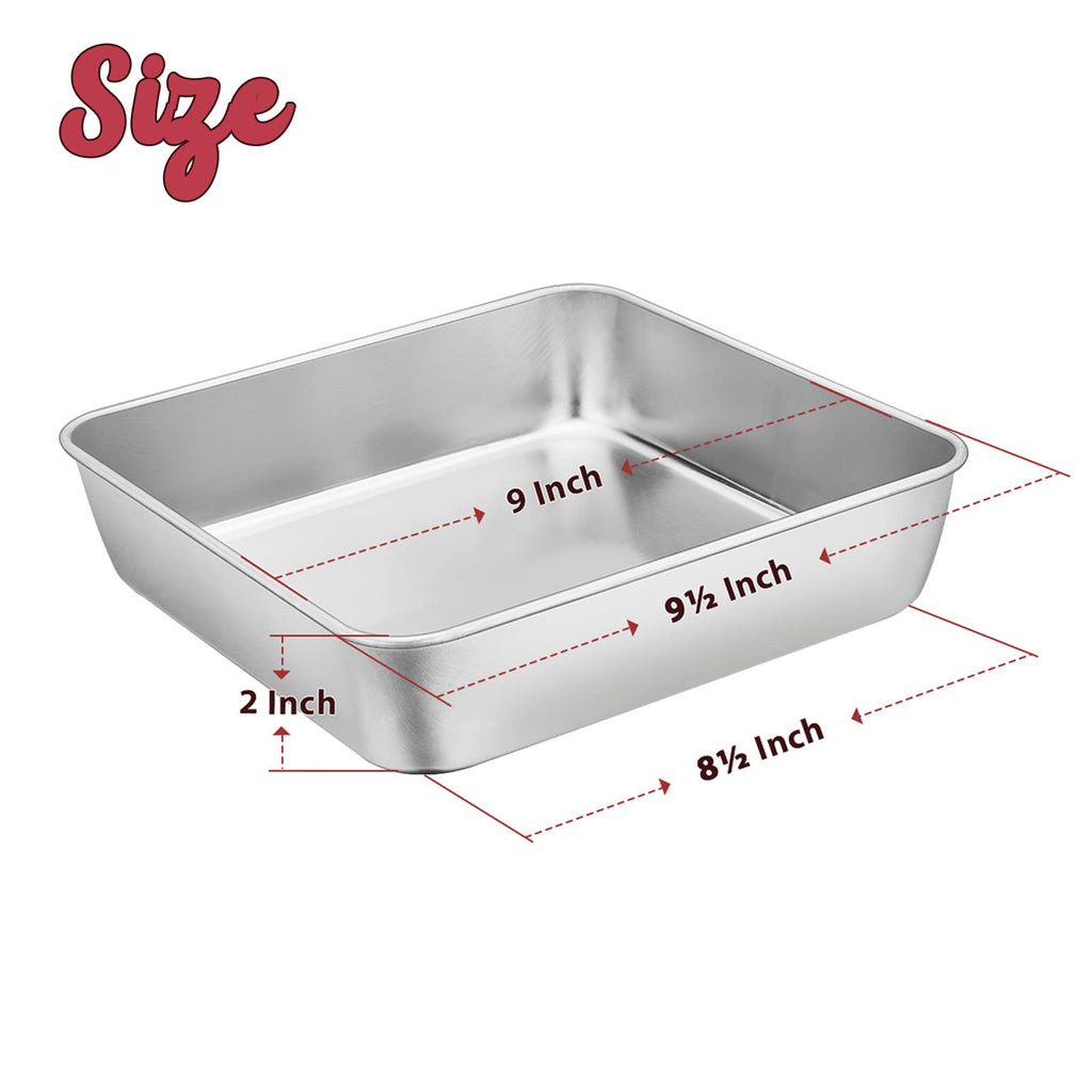 9 x 9-Inch Baking Pan, E-far Square Cake Brownie Baking Pans Stainless Steel Bakeware Set of 2, Fits in Small Toaster Oven, Non-Toxic & Dishwasher Safe