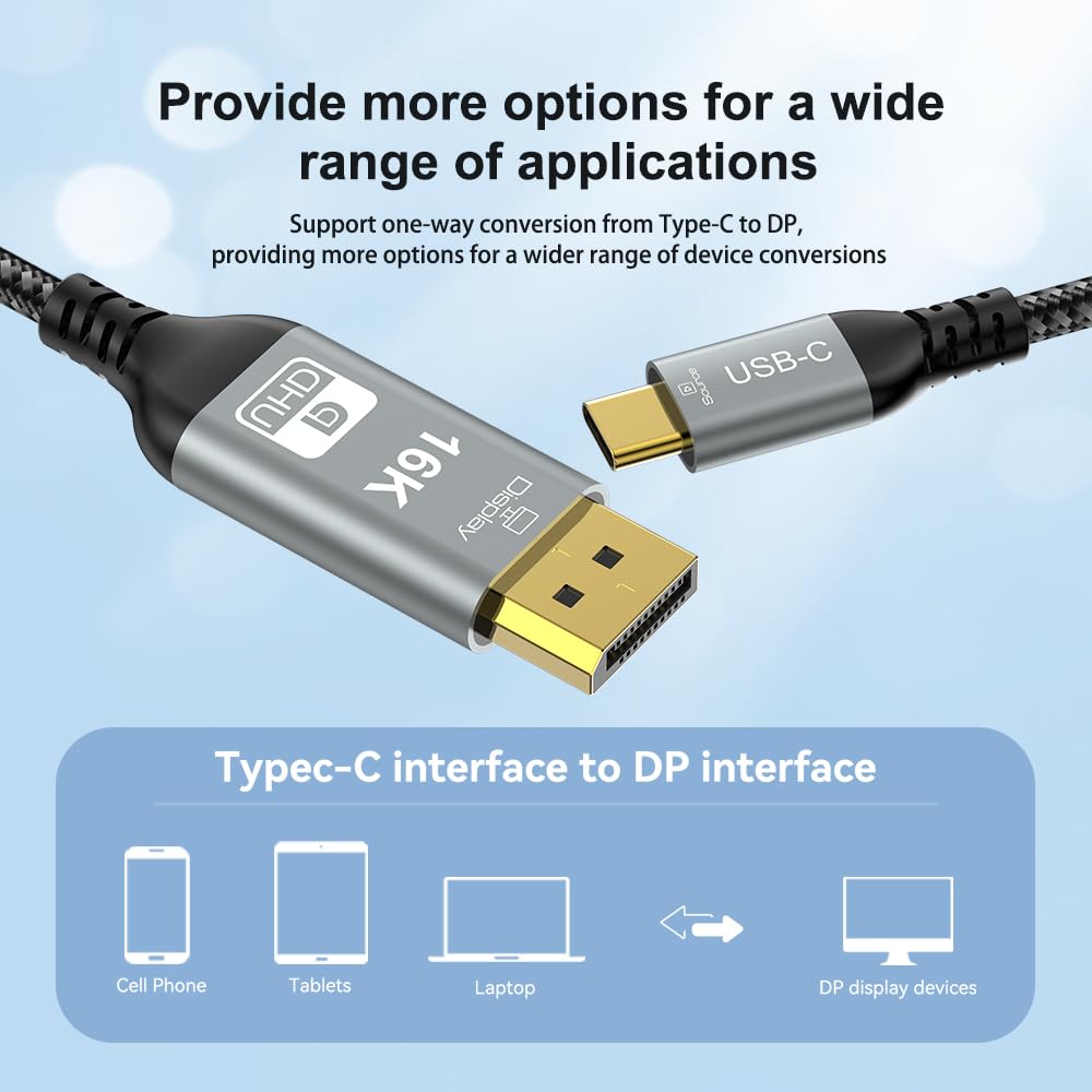 CHENLENIC USB C to DisplayPort 2.1 Cable, 16K@30Hz 8K@120Hz 4K@240Hz, Thunderbolt 5 to DP Cable,40Gbps,Type C Compatible with MacBook Pro M4,M3, iPhone 16 Pro, Dell XPS, Gaming Monitor 6FT