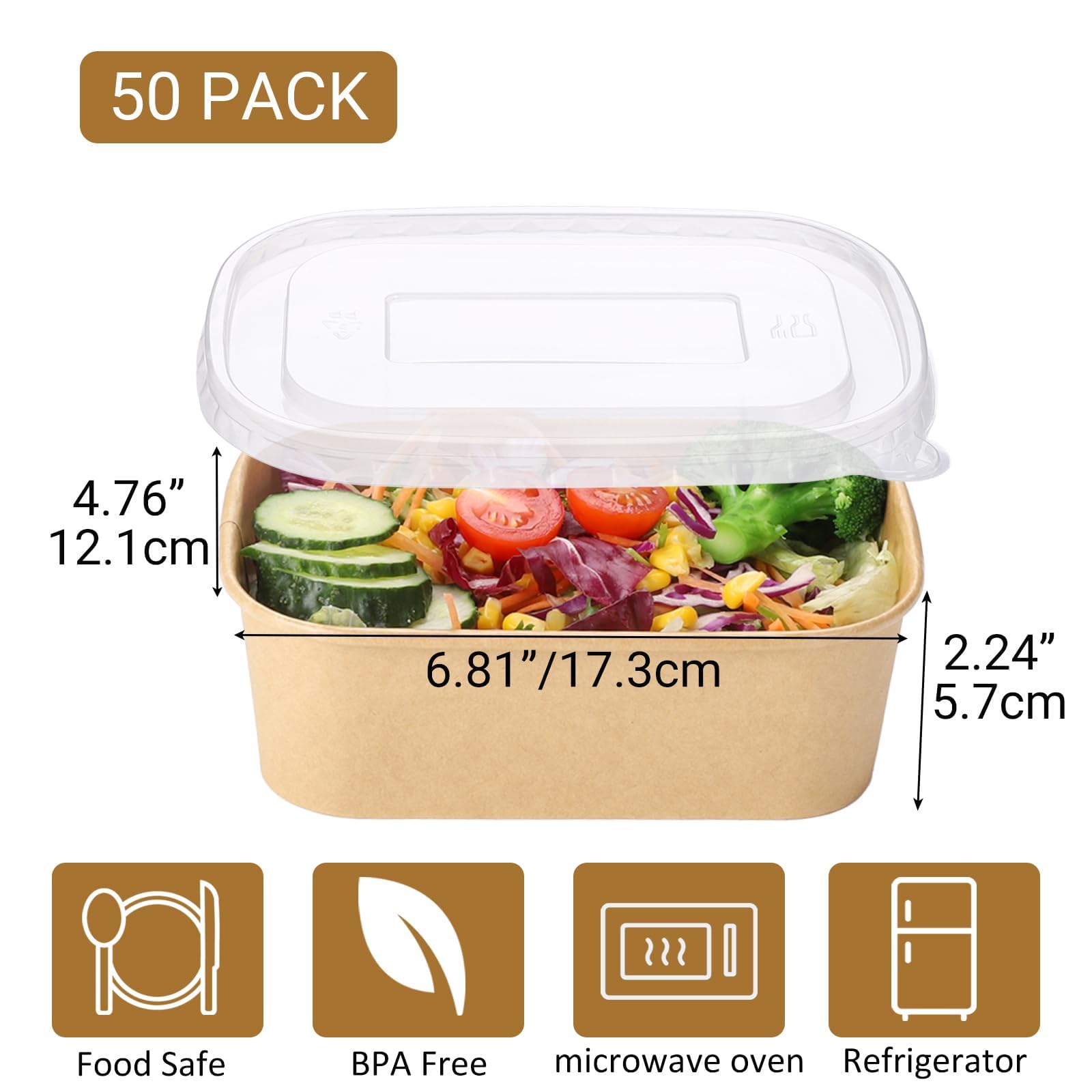 Belinlen 50 Pack 25oz Disposable Kraft Paper Bowls with Lids, Rectangle Paper Food Containers with Lids, Salad Bowls for Hot/Cold Food, Soup, Meal Prep, Ice Cream, Takeout, Party Supplies(750ml)