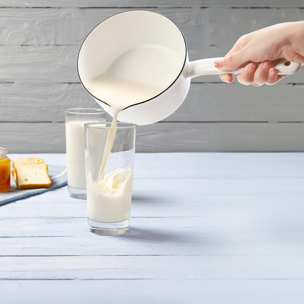 Peohud Enamel Milk Pan, 37 Oz Milk Boiling Pot Stovetop Safe, Mini Butter Warmer Pan with Pour Spout, Nonstick Enamel Saucepan, Milk Melting Boiling Pot for Stove Top, White
