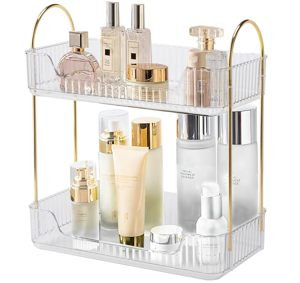 Bathroom Counter Organizer, Countertop Storage Cosmetics Shelf Skincare Organizer, skincare organizers bathroom vanity organizer Makeup Organizer Perfume for Dresser Vanity Tray [2 Tier-clear]