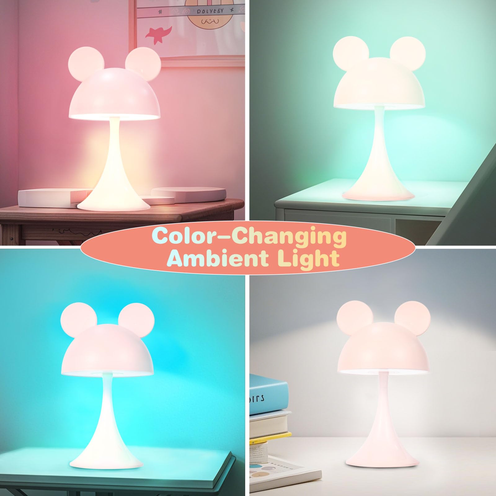 MARZIUS Rechargeable Mouse-Shaped LED Bedside Lamp – Kids Room Night Light with Touch Dimming & 3 Color Temperatures (Pink)