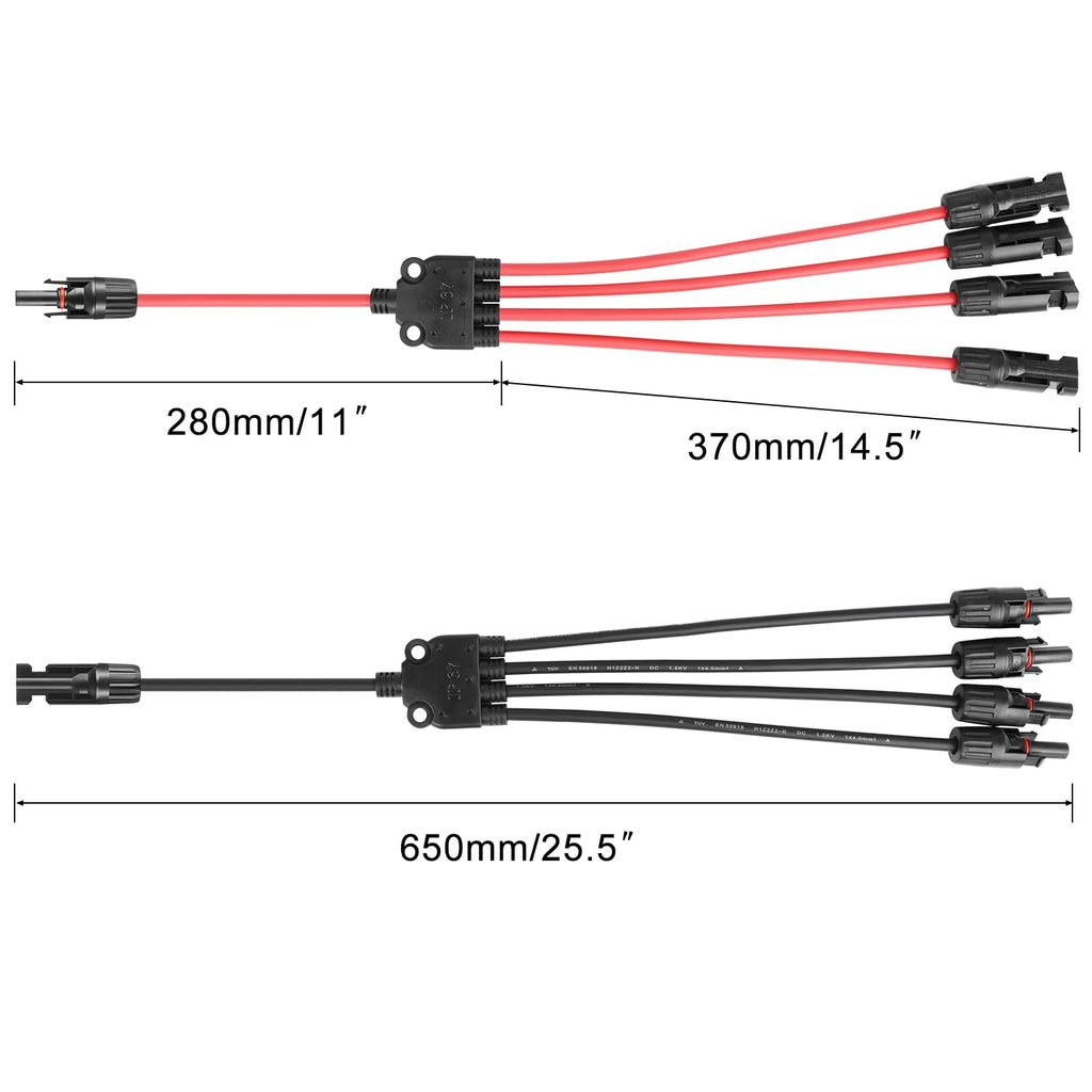 TCEUMIK Solar Panel Y Branch Connectors 1 Pair of 1 to 4 Parallel Connectors 1000V 30A Cable Wire Plug Tool Kit for Connecting Solar Panel(M/FFFF, F/MMMM) Red Black