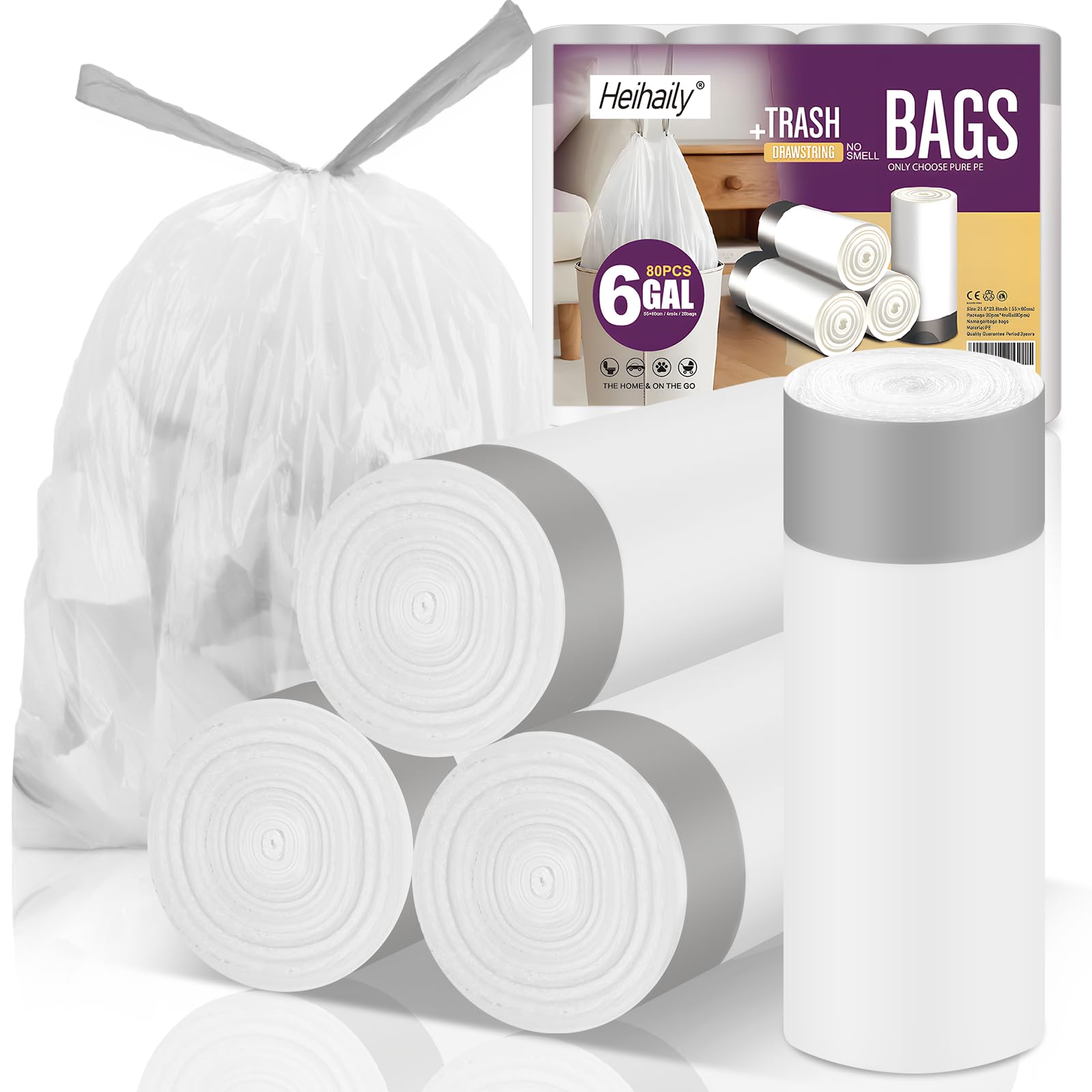 6-Gallon Trash Bags Drawstring Kitchen-Garbage-Bag - Heihaily 4 Rolls 80 Counts Recycled Unscented Office Plastic Can Liner Bathroom Transparent White For Outdoor Yard Waste Basket