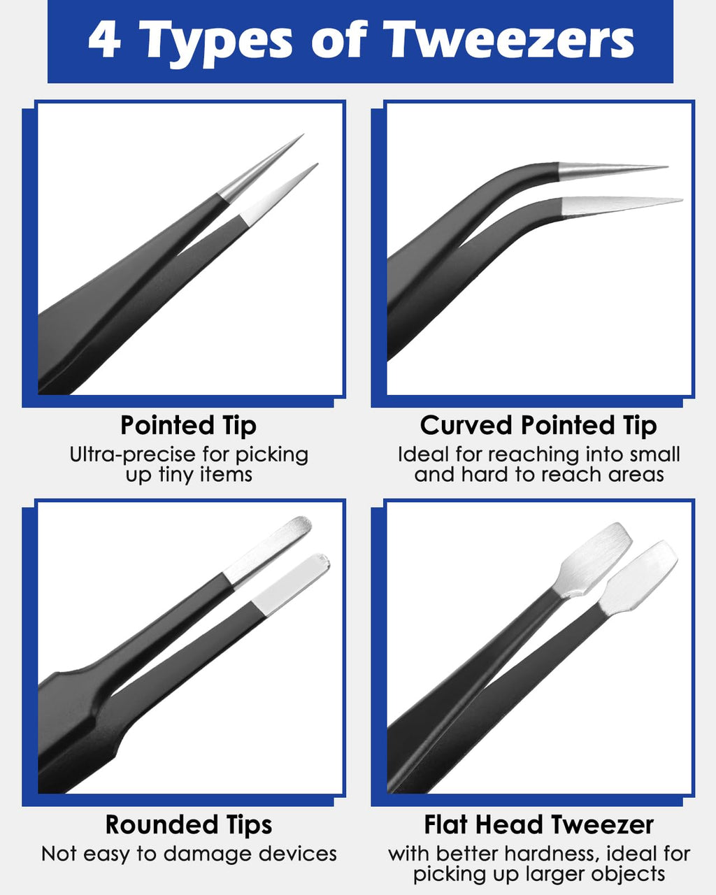 11 Pcs Precision Tweezers Set, ESD Anti-Static Tweezers Set, Stainless Steel Tweezers Kit Curved Tweezers for Electronics, Laboratory Work, Jewelry-Making, Craft, Soldering