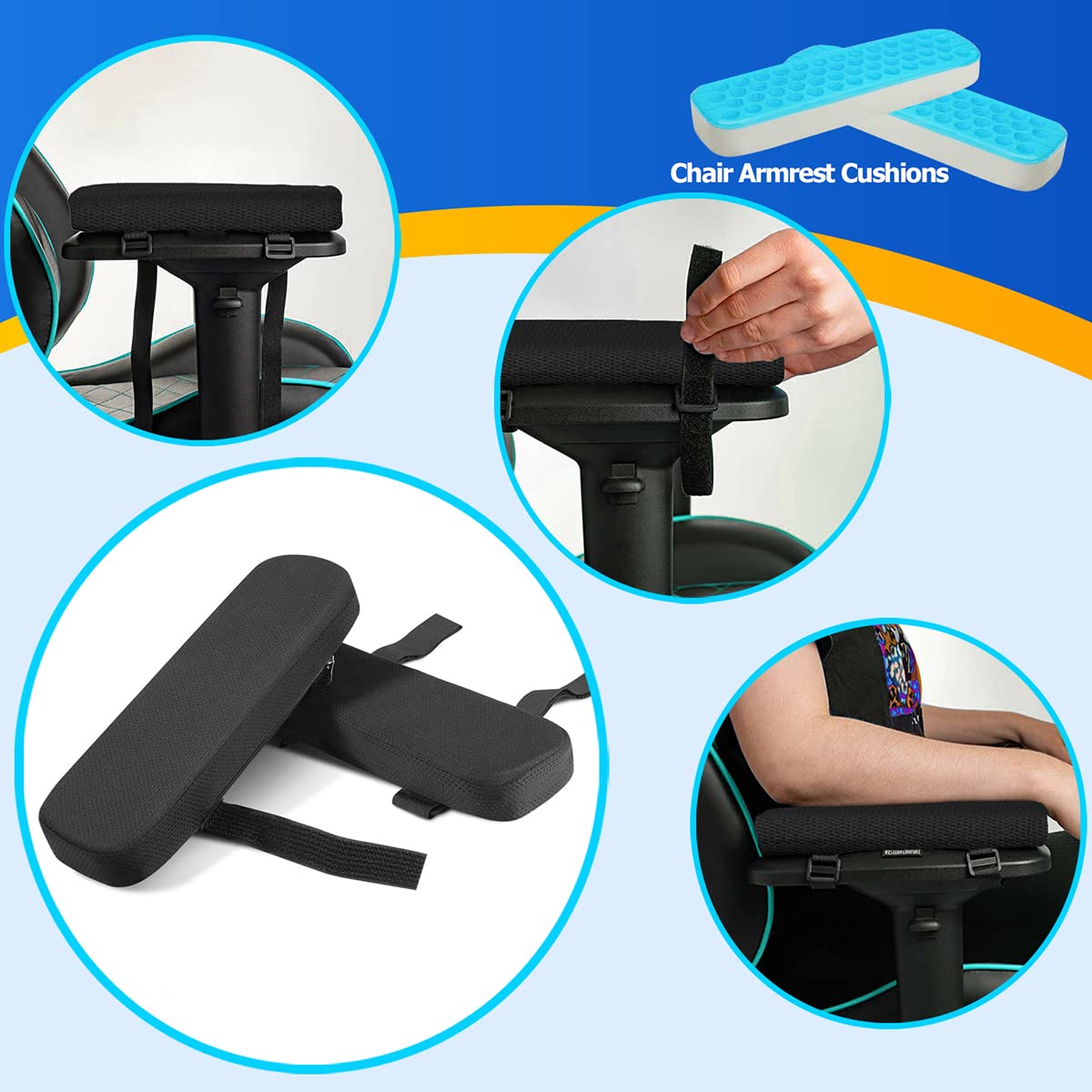 Ergonomic Armrest Pads, Cooling Gel Memory Foam Office Chair Armrest Pads, Comfortable Elbow Pillow for Arm Rest, Ergonomic Armrest Cushions for Chairs Wheelchair Comfy Gaming Chair Pack of 2