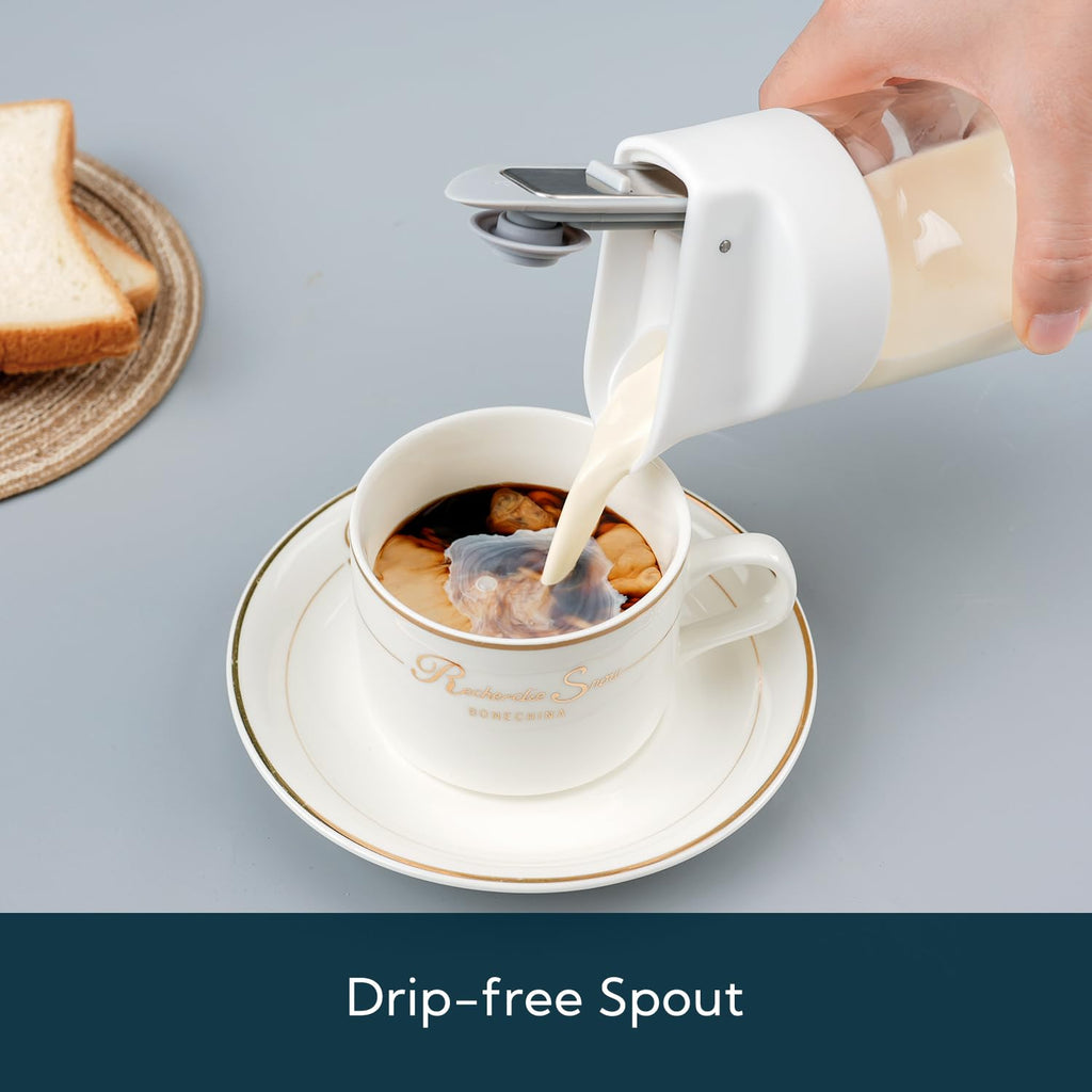 Glass Creamer with Fresh-Keeping Lock Mechanism, Drip-Free Spout, 12 oz Milk Pitcher with Lid, Borosilicate Glass Creamer Container, Dishwasher Safe