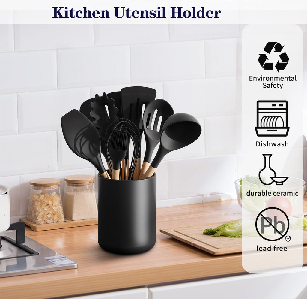 Matte Black Utensil Holder for Countertop, Ceramic Utensil Crock for Kitchen counter Easy to Clean, Modern Cooking Utensil Spatula HolderBy yuyuefourseas 4.4*6.3 Inch
