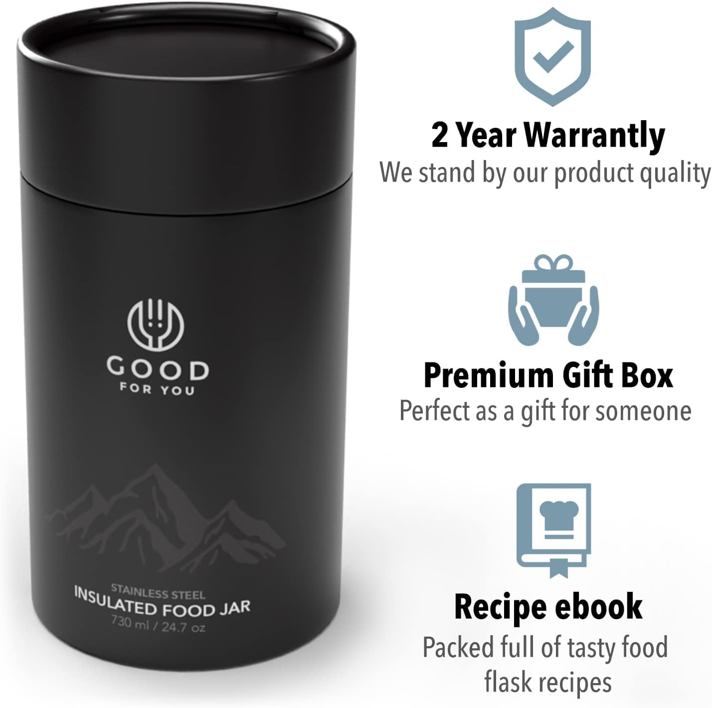 Insulated Food Flask - 730ml Stainless Steel Jar for Hot and Cold Meals – Double-Wall Insulation, Thermal Food Container for School, Office, Travel, Camping - Foldable Spoon, Bag - Black - 24.7 oz