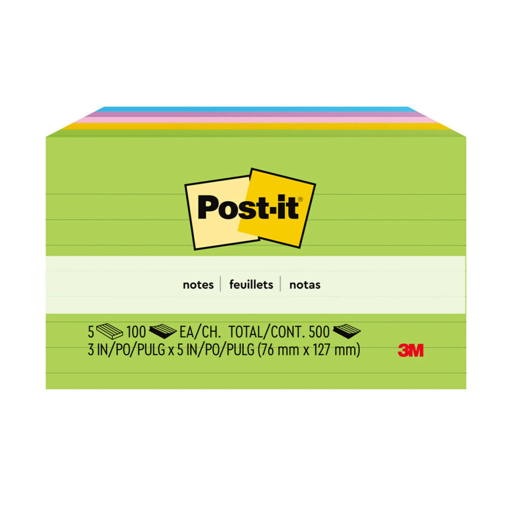 Post-it Notes Original Lined Sticky Notes, 3" x 5", 5 Pads, 100 Sheets/Pad, Jaipur Colours