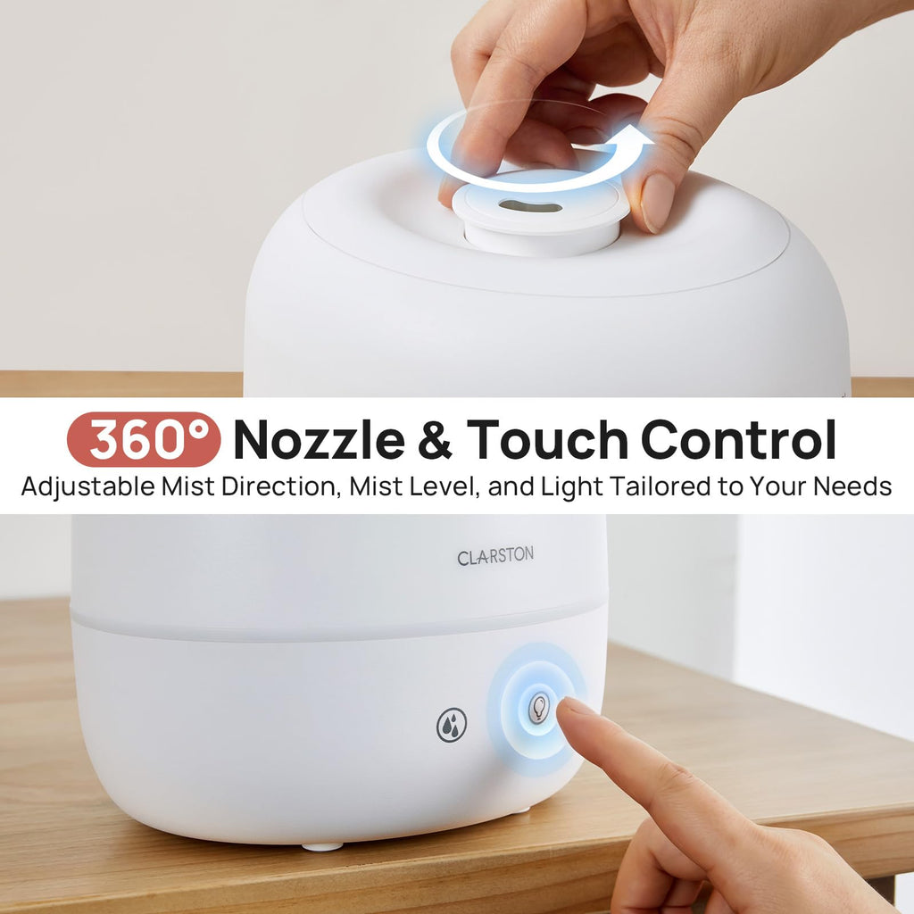 Clarston 2L Cool Mist Humidifier for Bedroom with 360° Adjustable Nozzle, High and Low Mist Levels, Ultra-Low Noise, Light-Off, No BPA, Auto Shut Off, Ideal Baby Humidifier with Easy Top Filling