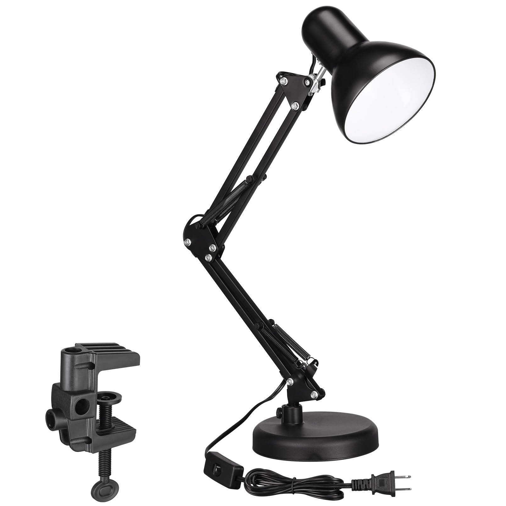 TORCHSTAR Metal Swing Arm Desk Lamp, Interchangeable Base Or Clamp, Classic Architect Clip On Table Lamp, Multi-Joint, Adjustable Arm, Black Finish (UL Plug)