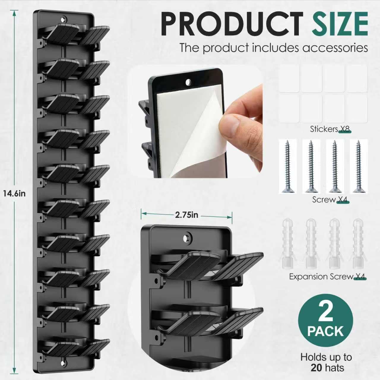 2 Pack Spring Clips Hat Organizer for Baseball Caps – Holds Up to 20 Hats Total (10 per Hook), Hat Rack for Wall Closet Door Entryway and Bedroom, Adhesive or Screw Installation (Black)