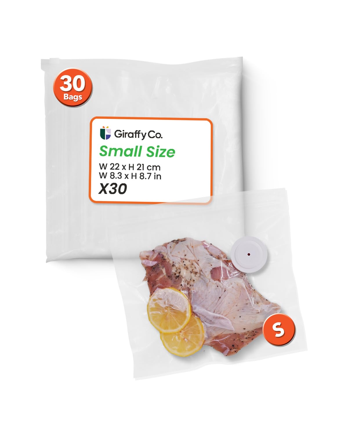 Giraffy Co. Reusable Vacuum Sealer Bags for Food – 30 Small Vacuum Bags (22x21cm/8.3x8.7in), BPA-Free, Leak-Proof, Odor-Resistant – Compatible with Vacuum Sealers
