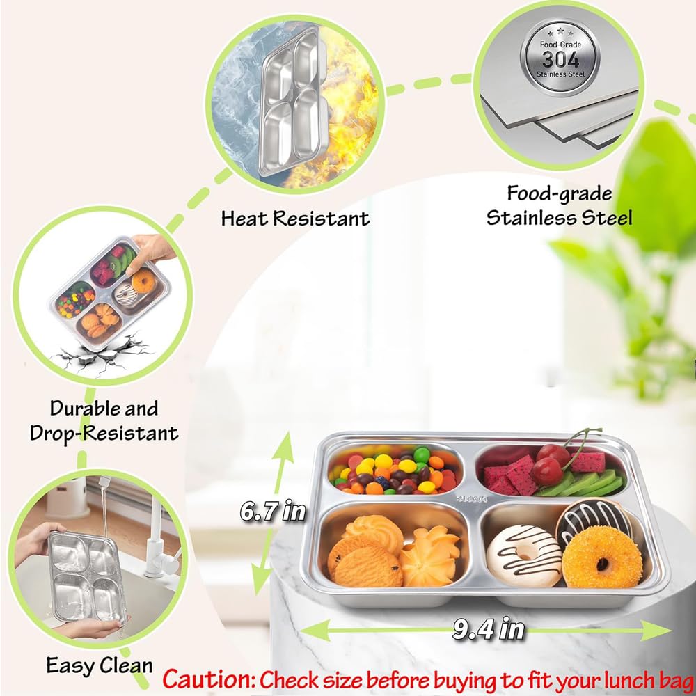 3 Pack Stainless Steel Snack Containers with Lids,4 Compartments Stainless Steel Lunch Box,Reusable Meal Prep Lunch Containers for Kids Adults, Divided Food Storage Containers for School Home Travel
