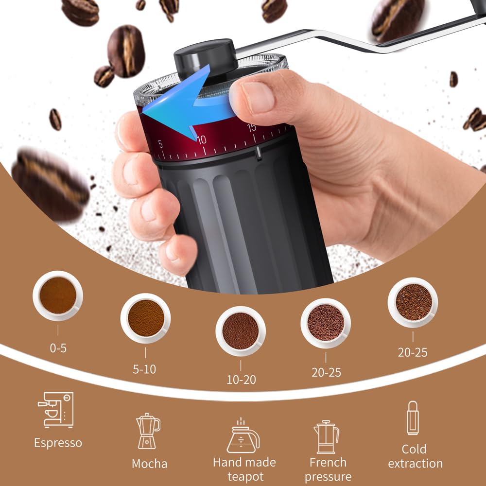 KharWette Portable Manual Coffee Grinder Conical Burr for Espresso French Press Pour Over Double Bearing Externally Adjustable Ceramic Burrs Capacity 25g
