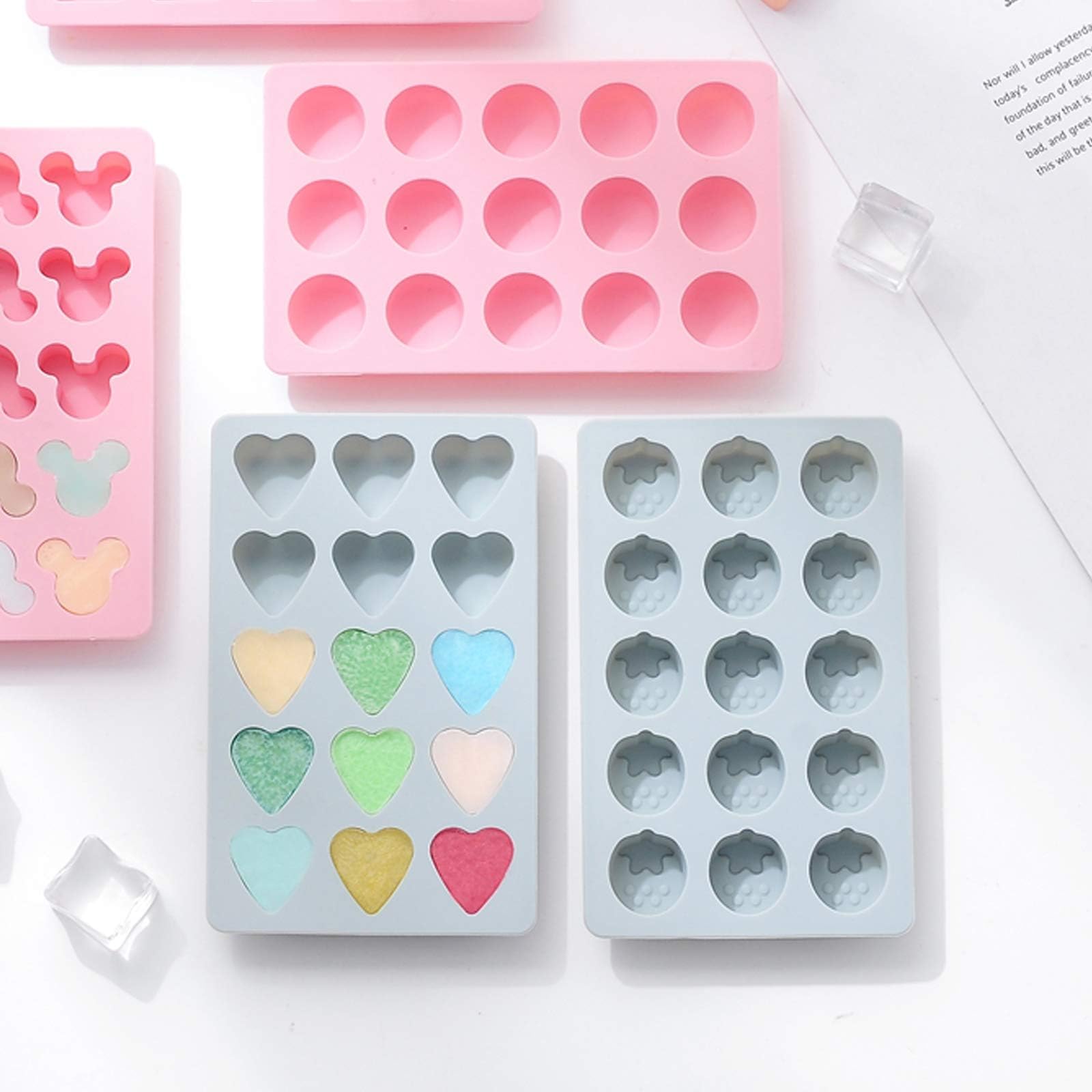 REKIDOOL 3 Pieces Candy and Chocolate Silicone Molds Set Non-Stick Including Heart, Round, Square Baking Mold for Hard Candy, Gummy, Hot Caramel, Ice, Cake, Jello, Ganache (Blue)