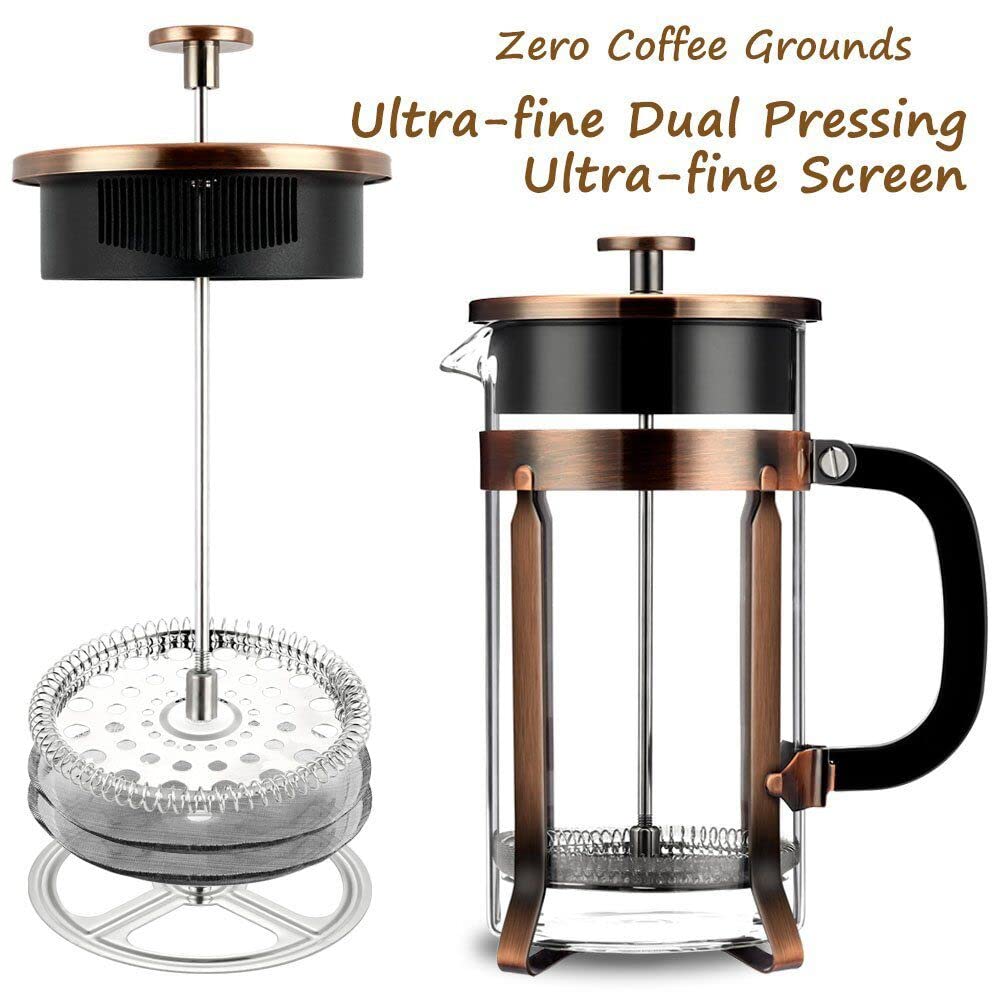 French Press, Premium 8 Cup 34-Ounce No Grounds Coffee Tea Maker, 4 Level Filtration System & Extra 4 Filters Screen, 2 Spoons for Measuring and Mixing, Heat-Resistant Borosilicate Glass