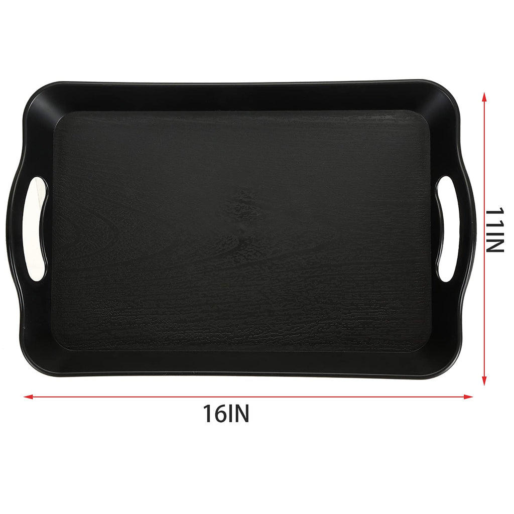 Cedilis 3 Pack Black Serving Trays with Handles,16 x 11IN Rectangular Non Skid Multi-Purpose Plastic OttomanTray for Restaurant, Parties, Coffee Table