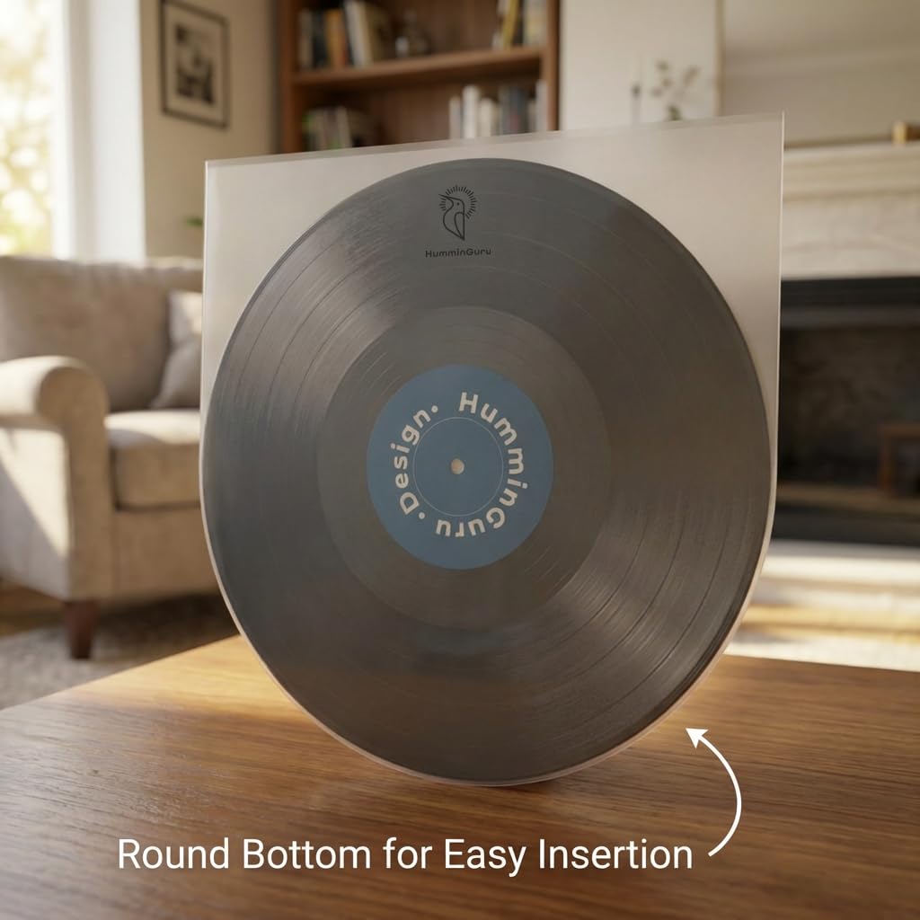 HumminGuru Vinyl Record Inner Sleeve 12 Inch, Acid Free & Anti Static Vinyl Sleeves, 1.5Mil Archival HDPE Inner Record Sleeve, Round Bottom LP Easy Insertion for Album Cover, 50 Pack(12“Inner Sleeves)