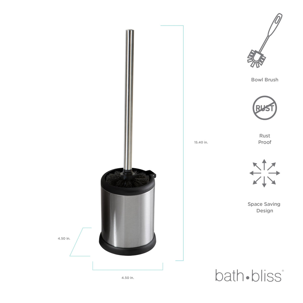 Bath Bliss Toilet Brush and Holder | Self Closing Lid | 360 Degree Brush Head | Bathroom Cleaning | Compact Size | Storage and Organization | Stainless Steel