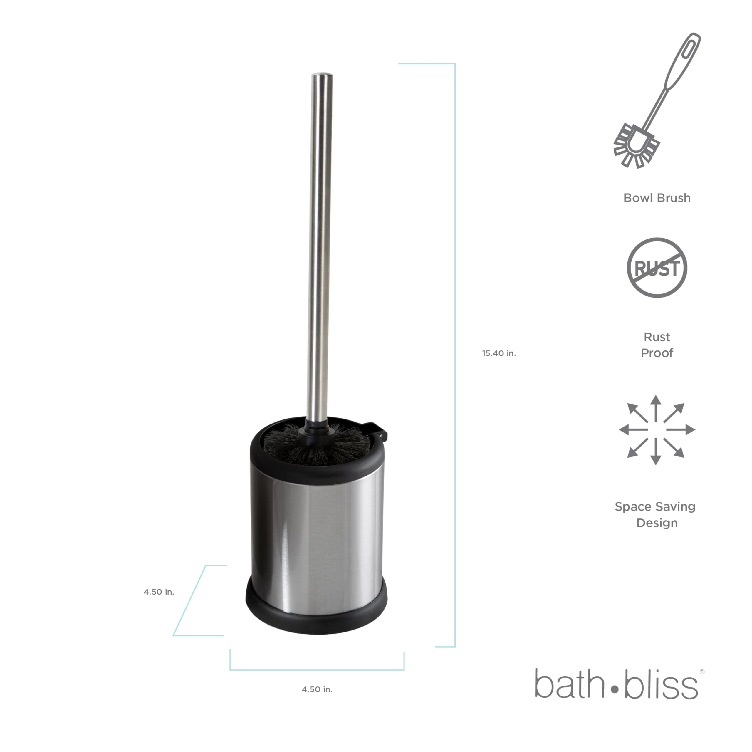 Bath Bliss Toilet Brush and Holder | Self Closing Lid | 360 Degree Brush Head | Bathroom Cleaning | Compact Size | Storage and Organization | Stainless Steel