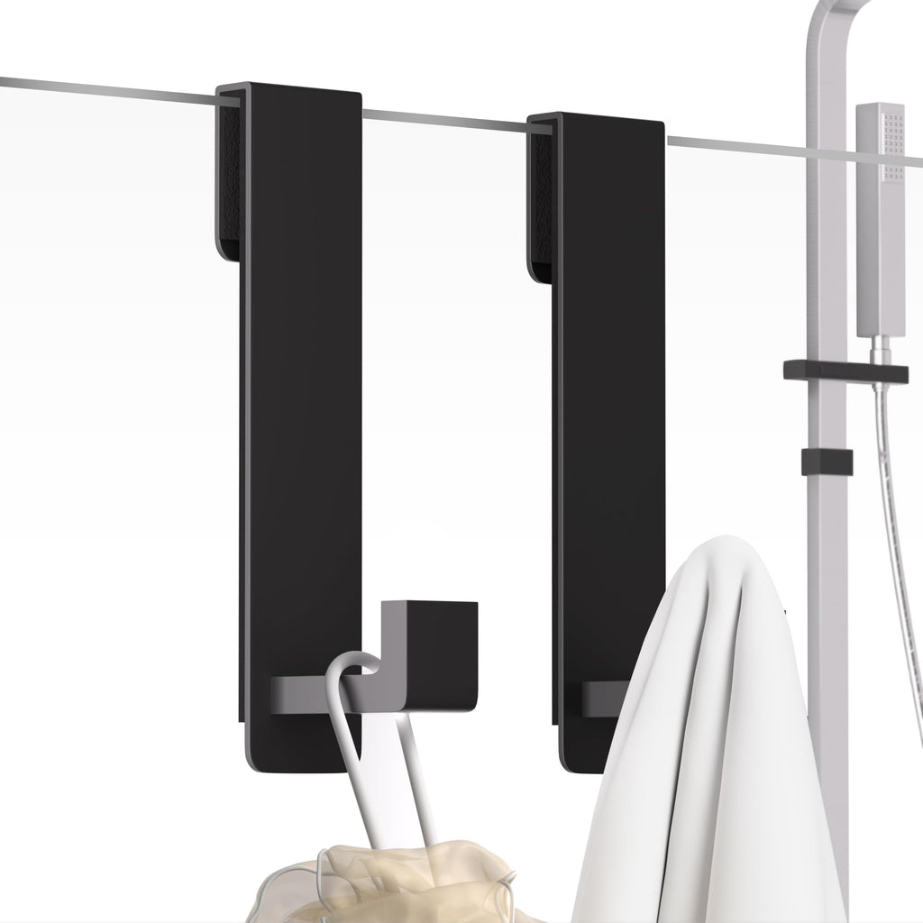 PMMASTO Shower Door Hooks, (7.5 Inch) Extended Over Door Hooks for Bathroom Frameless Glass, Stainless Steel Bath Towel Hooks, Heavy Duty Towel Hanger Rack (Black 2 Pack-L Shape)