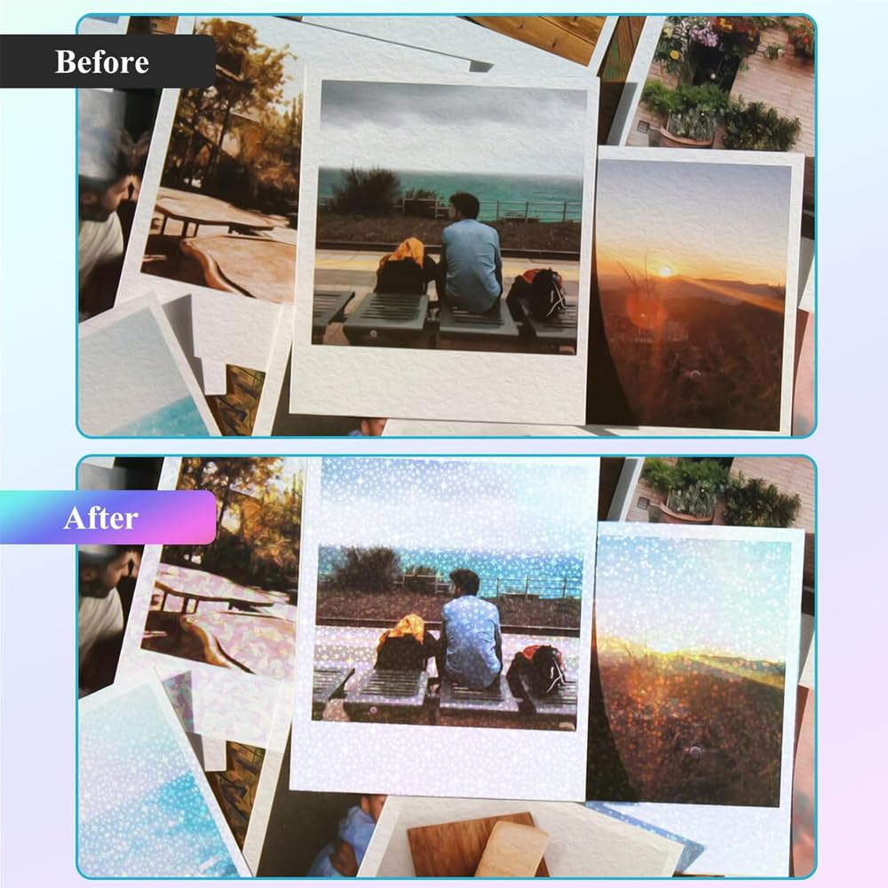 72 Sheets 8.25 x 11.7 Inches Vinyl Holographic Sticker Paper,Clear Overlay Lamination Sticker Paper, 8 Styles Mixed Transparent Holographic Vinyl Sheets, Glitter Laminate Film